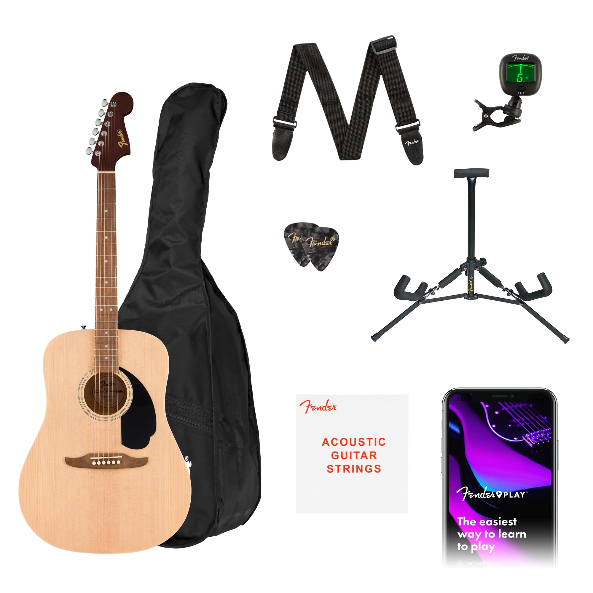 Fender California Debut Redondo Series Acoustic Guitar Pack, Beginner Guitar, 2-Year Warranty, Includes Gig Bag, Stand, And More