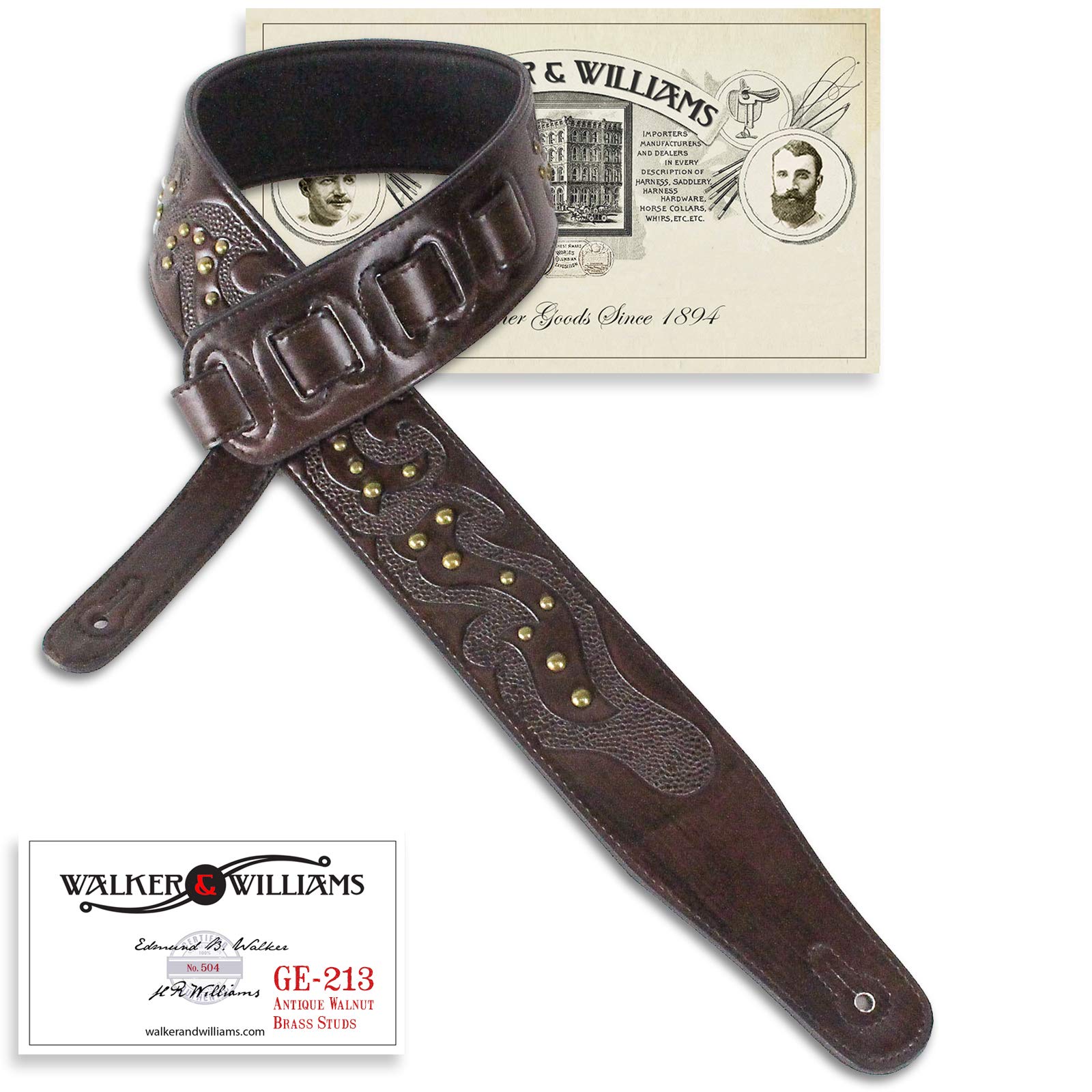 Walker & Williams Ge-213 Walnut Brown Guitar Strap With Celtic Tooling & Nailhead Studs For Acoustic, Electric, And Bass Guitars