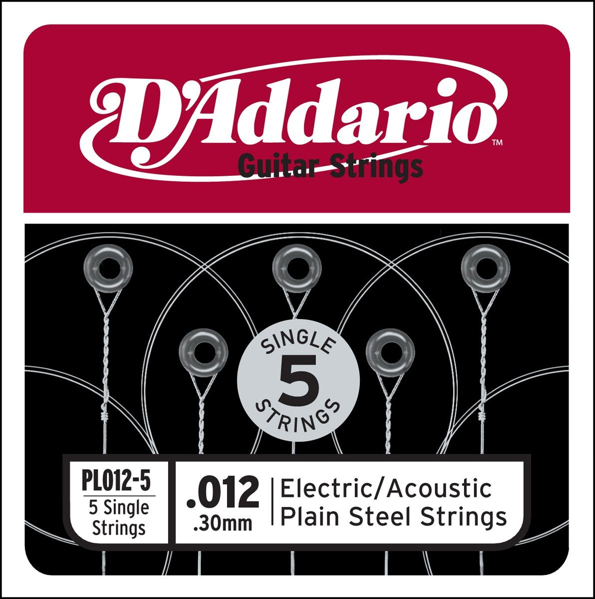 D'Addario Pl012-5 Plain Steel Guitar Single String, 012 5-Pack