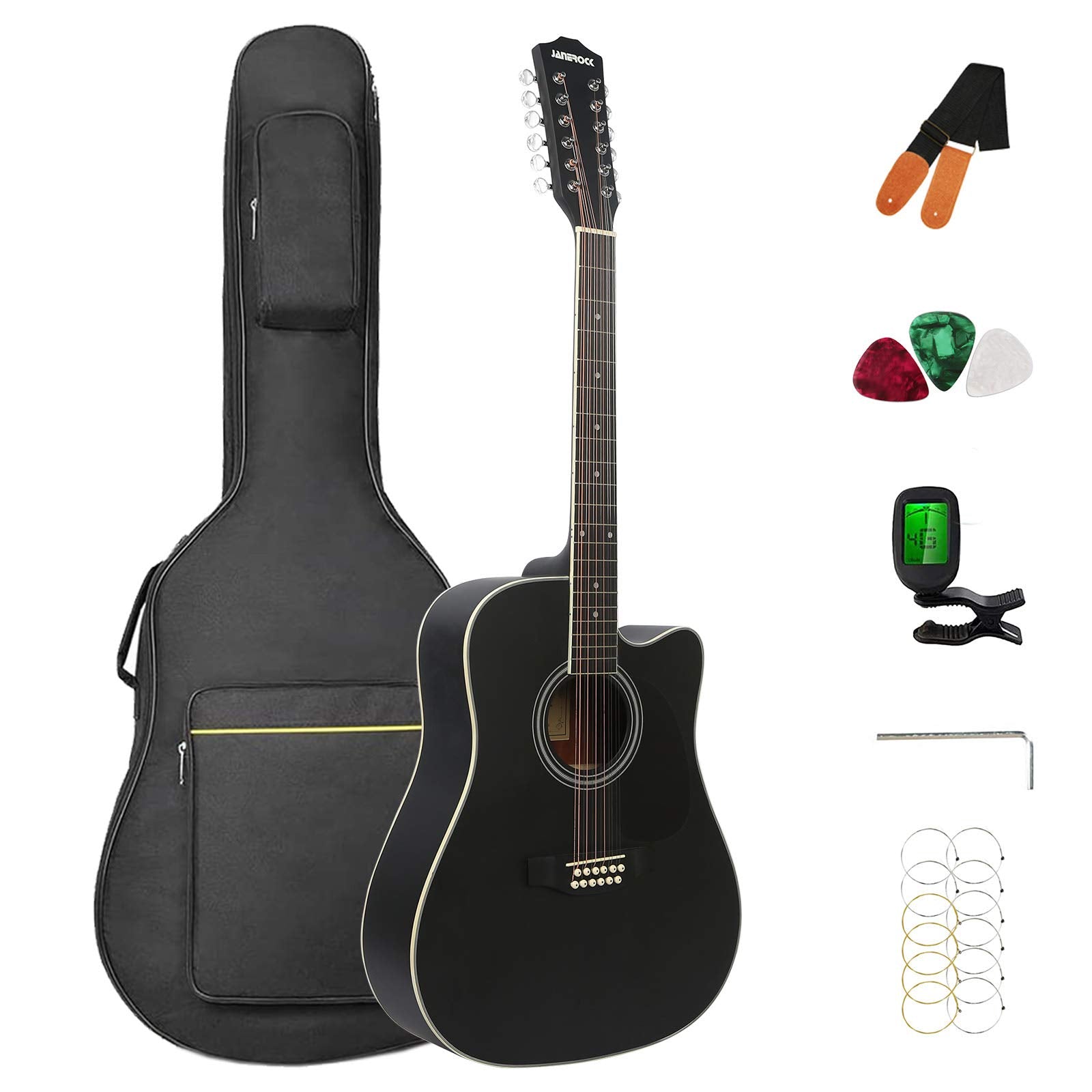 12 String Acoustic Guitar Cutaway,Adjustable Truss Rod Full Size Bundle With Gig Bag,Tuner,Strings,Strap, Picks, Black By Janero