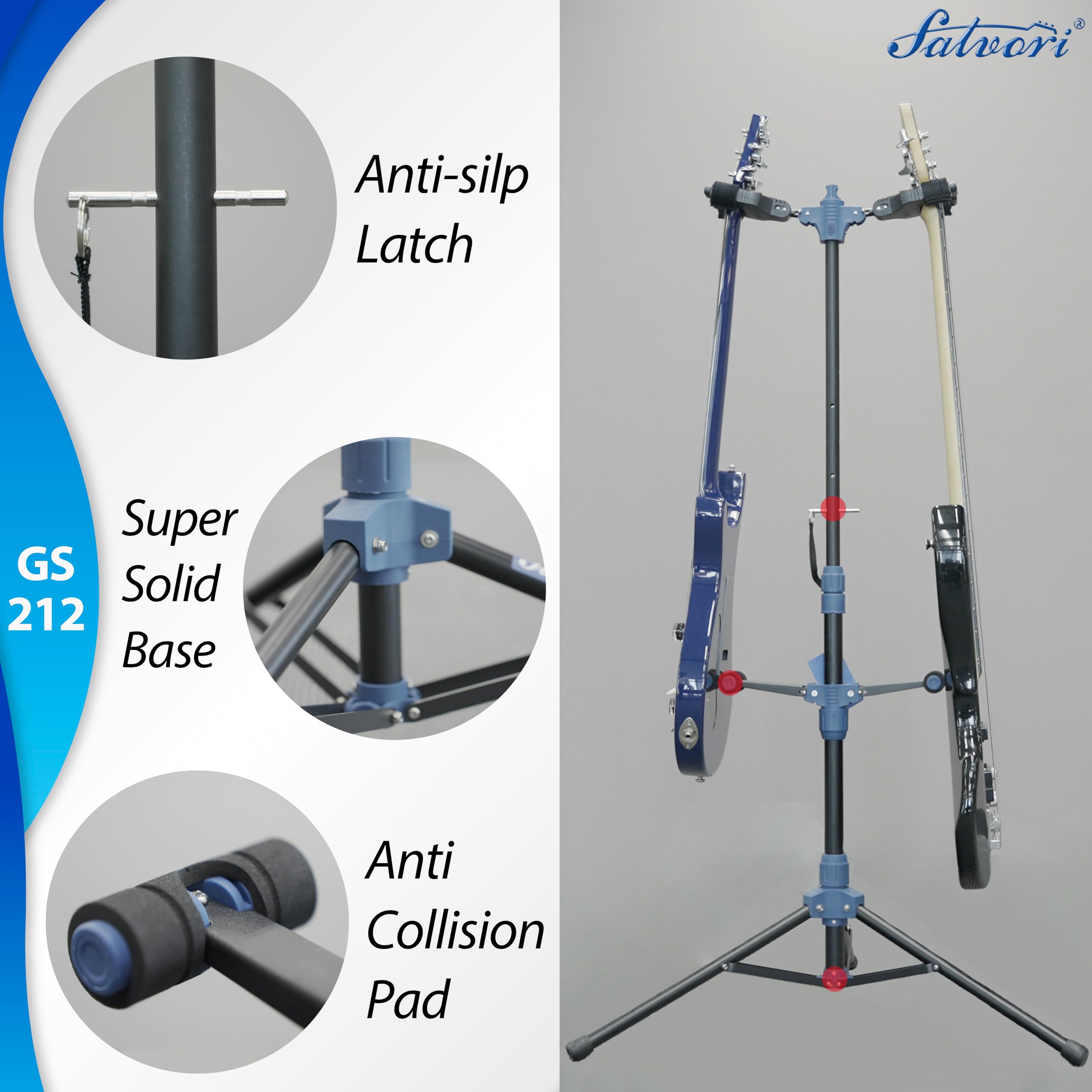 Salvori Folding Dual Guitar Stand with Auto-Lock System and Soild Tripod, Double/Multiple Guitar Stand/Holder/Rack for Single Ba