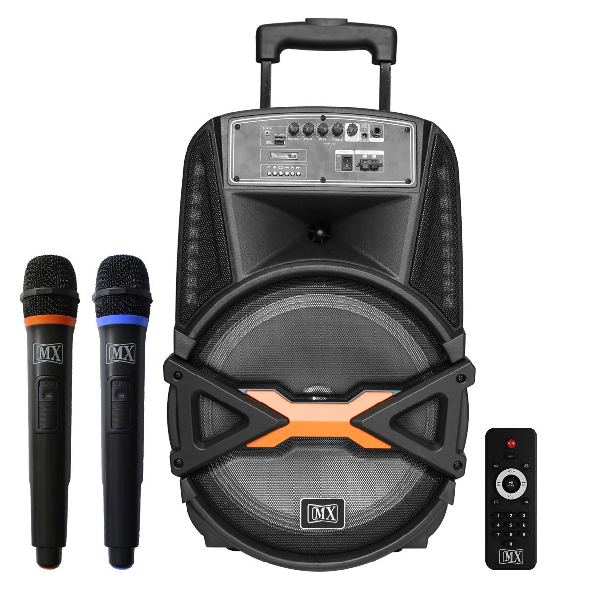 Mx 15-Inch 60W Rms Trolley Karaoke Pa Speaker With Bluetooth, Rechargeable Battery, Wireless Microphone, Remote Control, Fm/Usb/