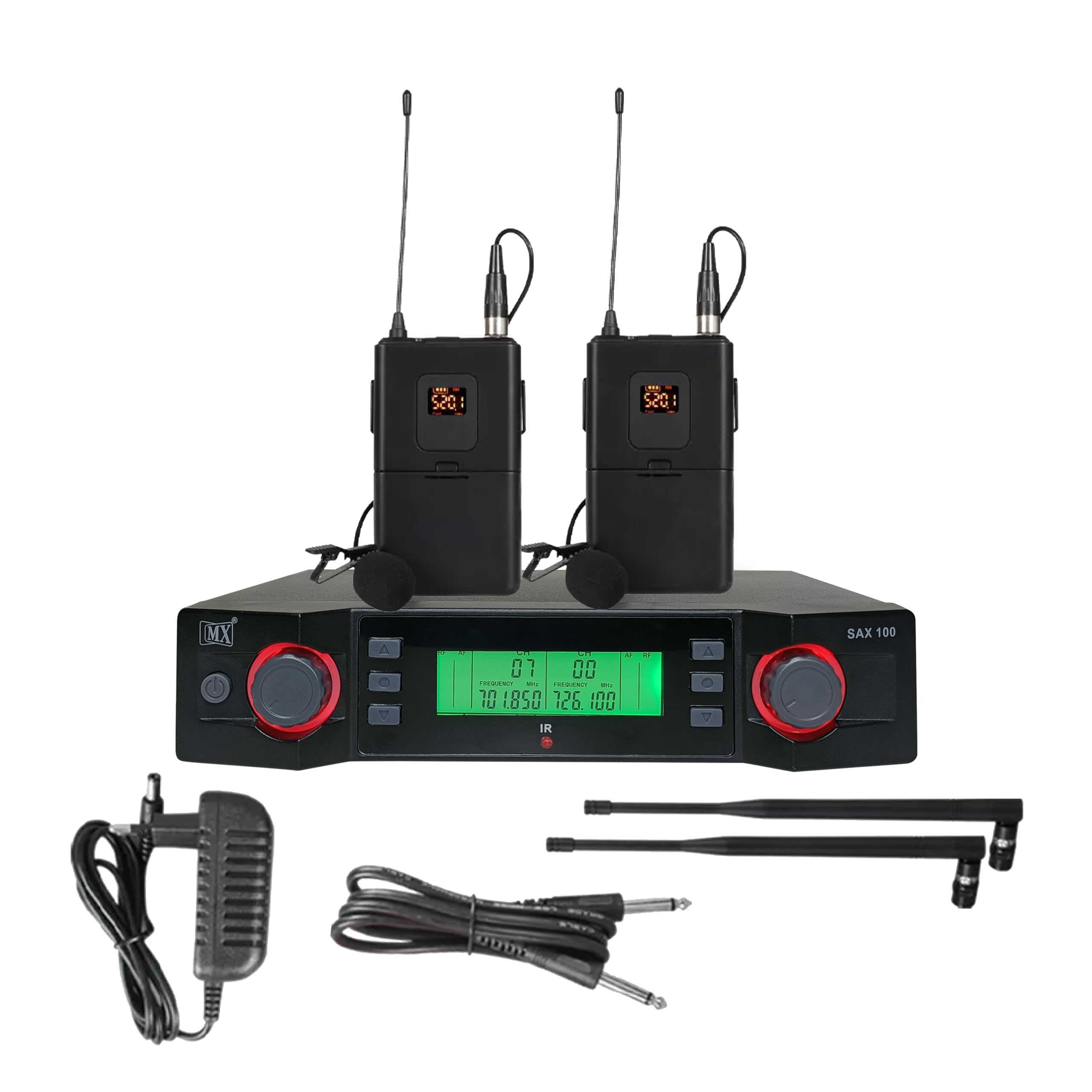 Mx Uhf Dual Wireless Saxophone Microphone System - 2 Bodypack Transmitters, 200 Channels, Digital Display - Saxophone Microphone