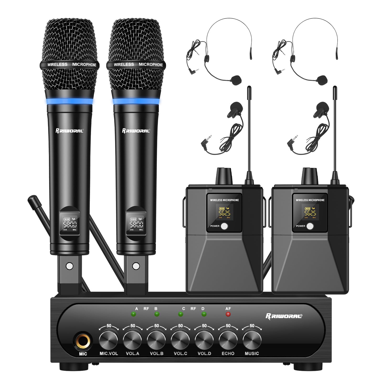 Riworal 4 Channel Uhf Wireless Mic Set With Handheld/Bodypack/Headset/Lapel Mics With Bluetooth Receiver Box + Volume Control Ec