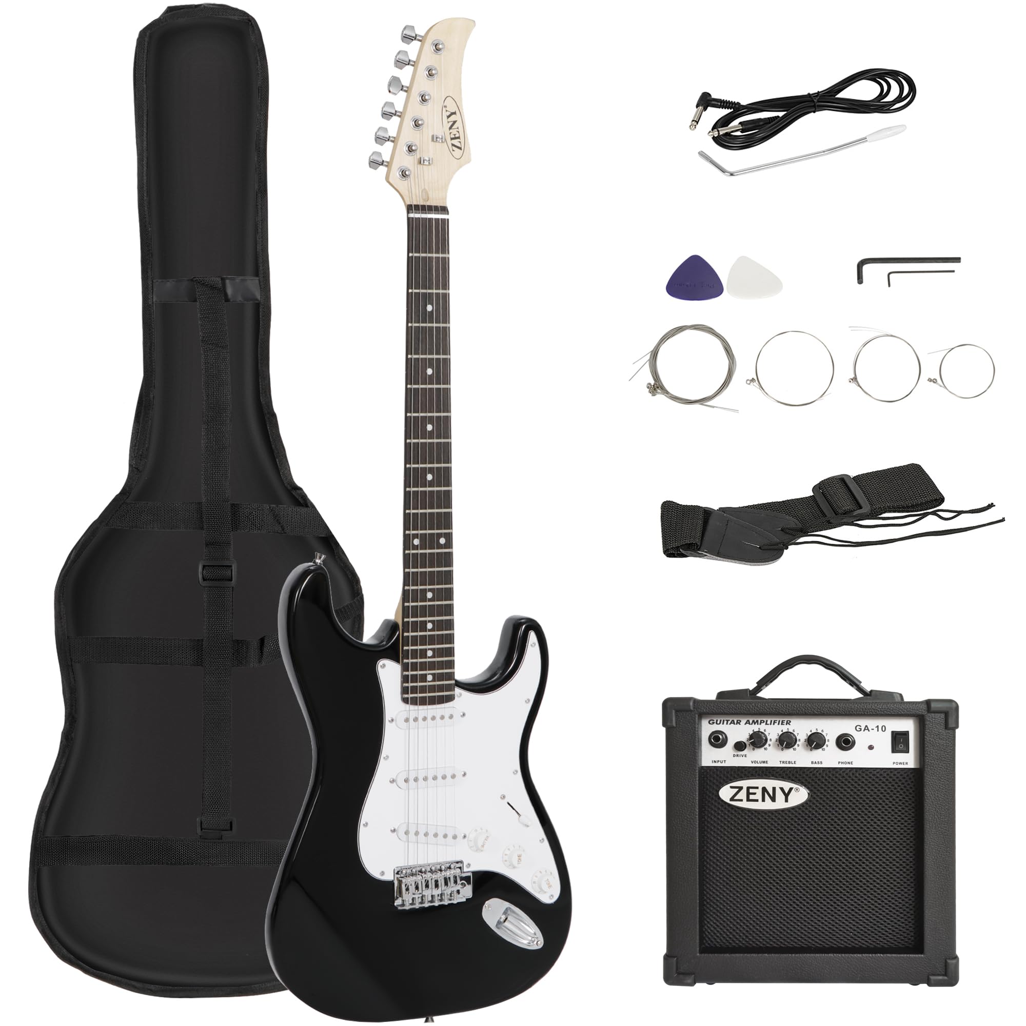 Zeny 39In Full Size Electric Guitar With 10W Amp, Case And Accessories Pack Beginner Starter Package, Black