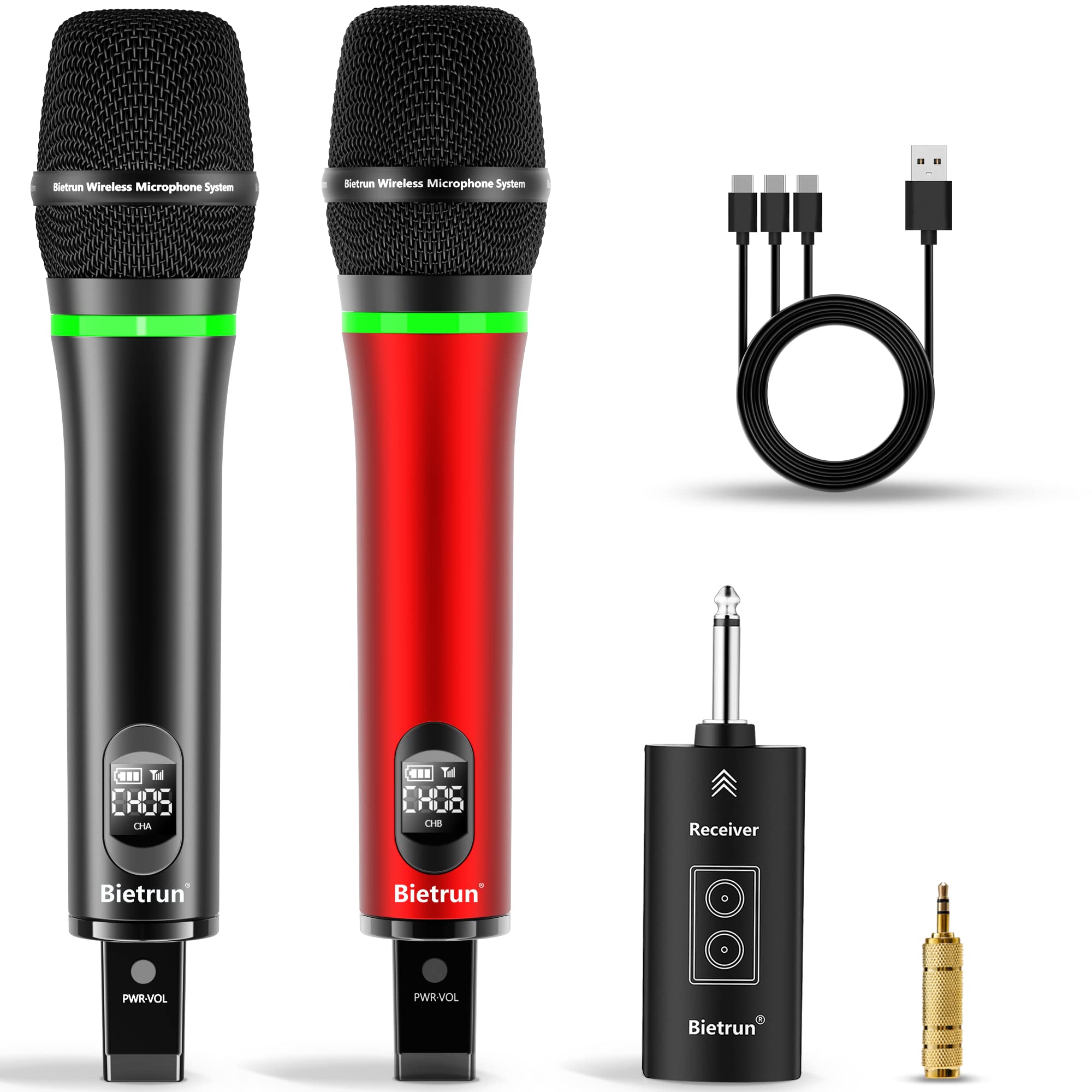 Bietrun Wireless Microphone, 240Ft Rechargeable Uhf Metal Dual Cordless Handheld Dynamic Mics With Bluetooth For Karaoke Machine