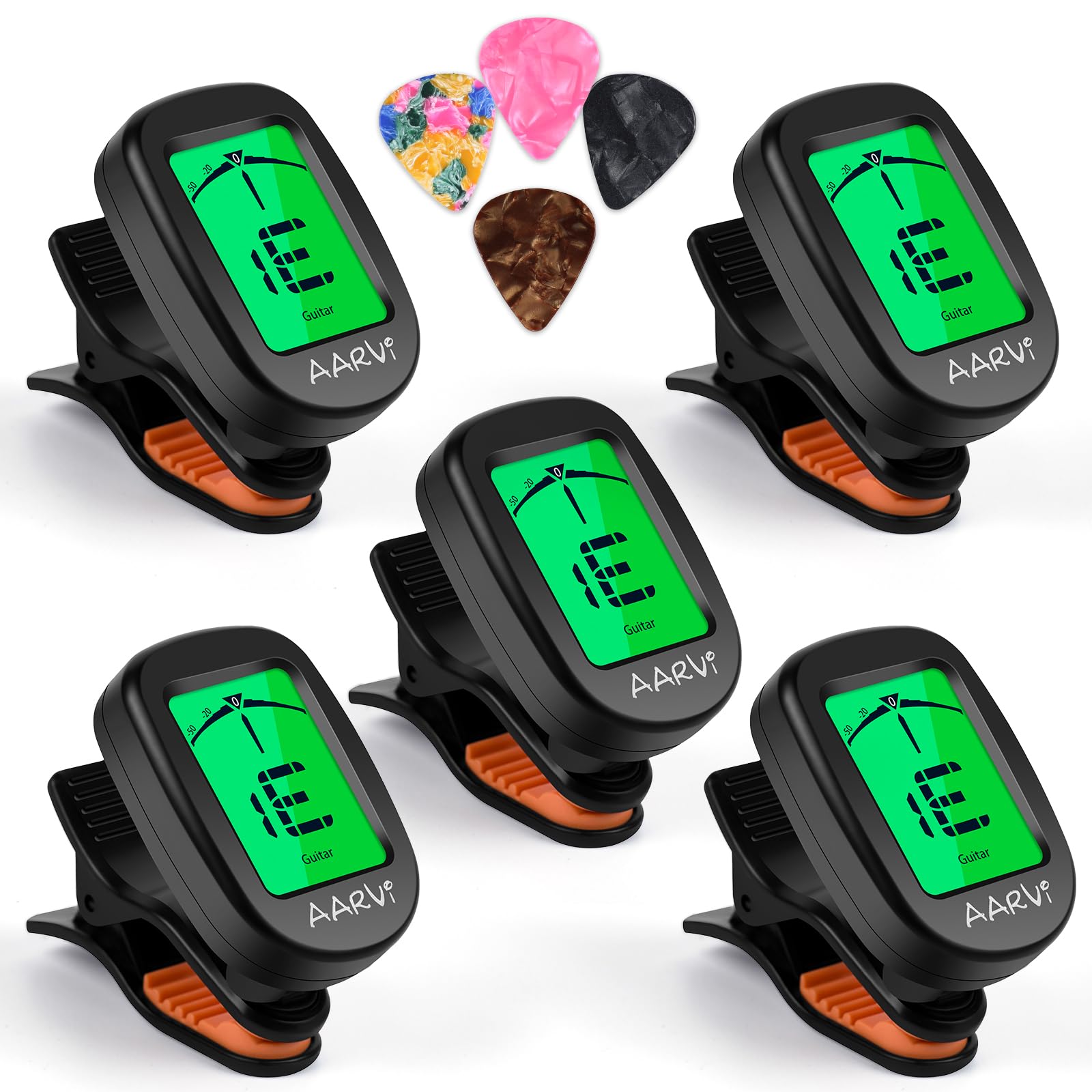 Clip On Guitar Tuner 5 Pack for All Instruments, Acoustic/Electric Guitar, Ukulele, Bass, Violin, Banjo, Large Clear LCD Display
