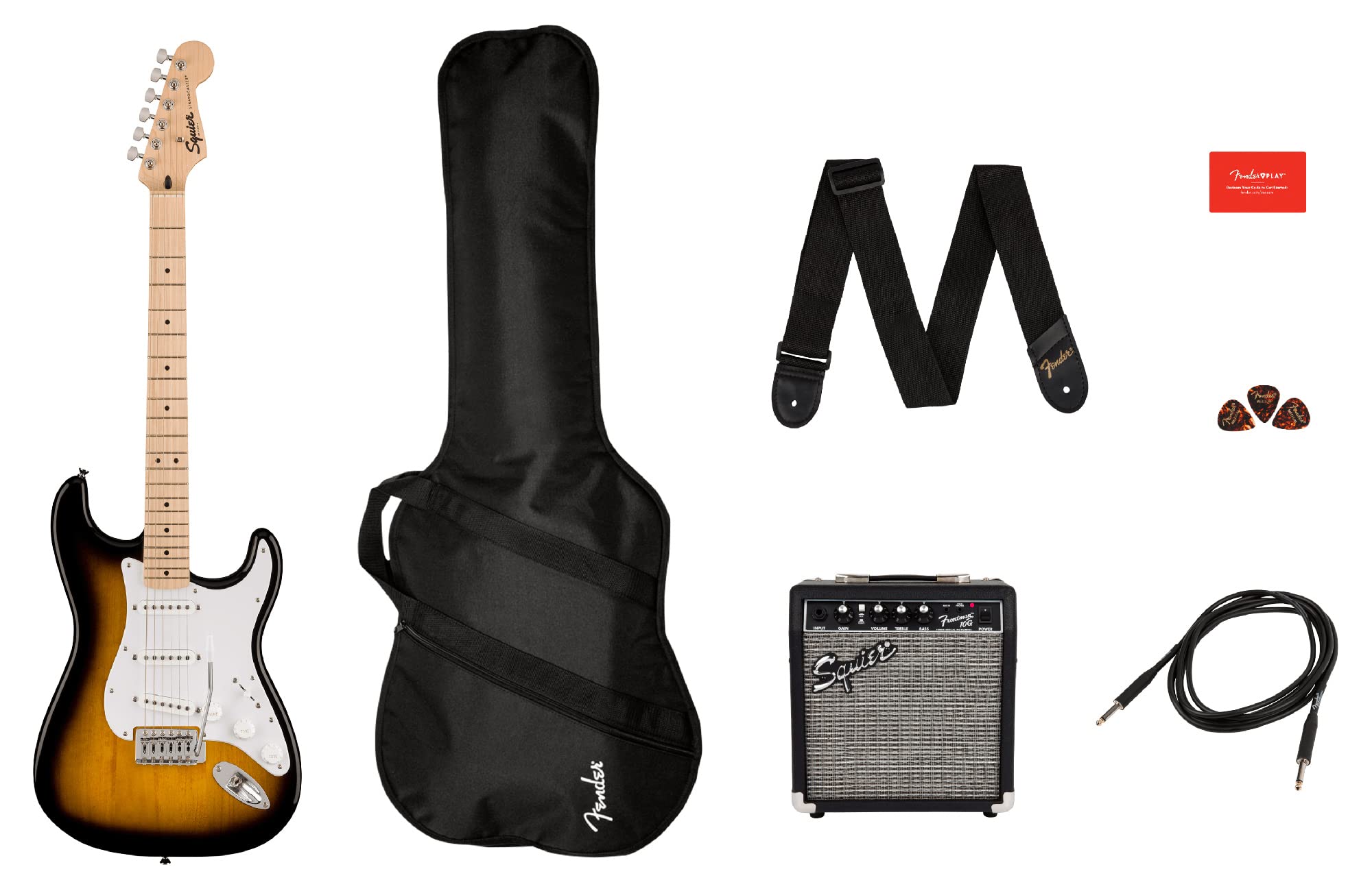 Fender Squier Sonic Strat Pack - 2-Color Sunburst Bundle with Frontman 10G Amp, Gig Bag, Tuner, Strap, Cable, Picks, Fender Play