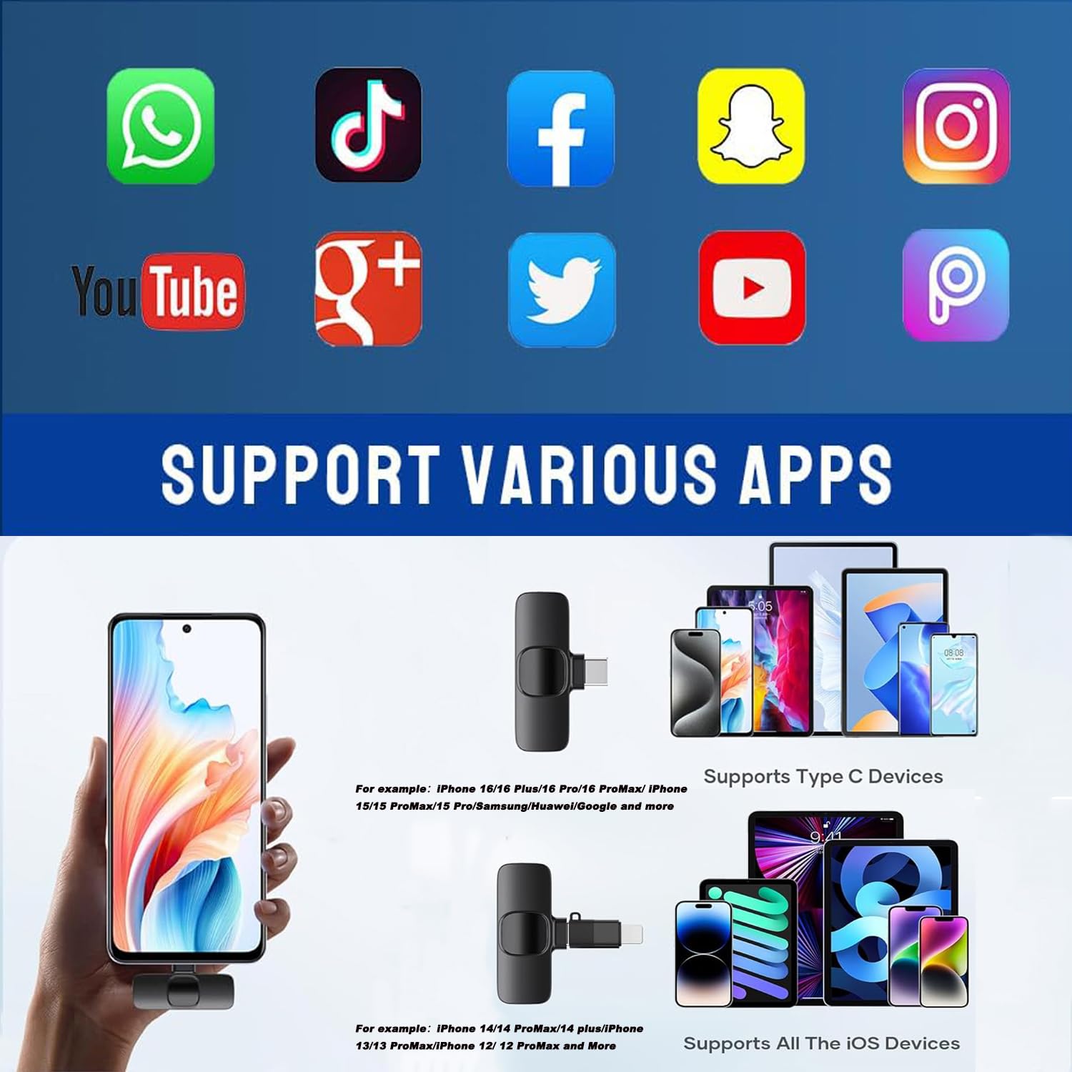 Aoiutrn Wireless Lavalier Microphone for iPhone and USB C, 2 in 1 Mini Clip-on Wireless Lapel Mics Compatible with iPhone,iPad,