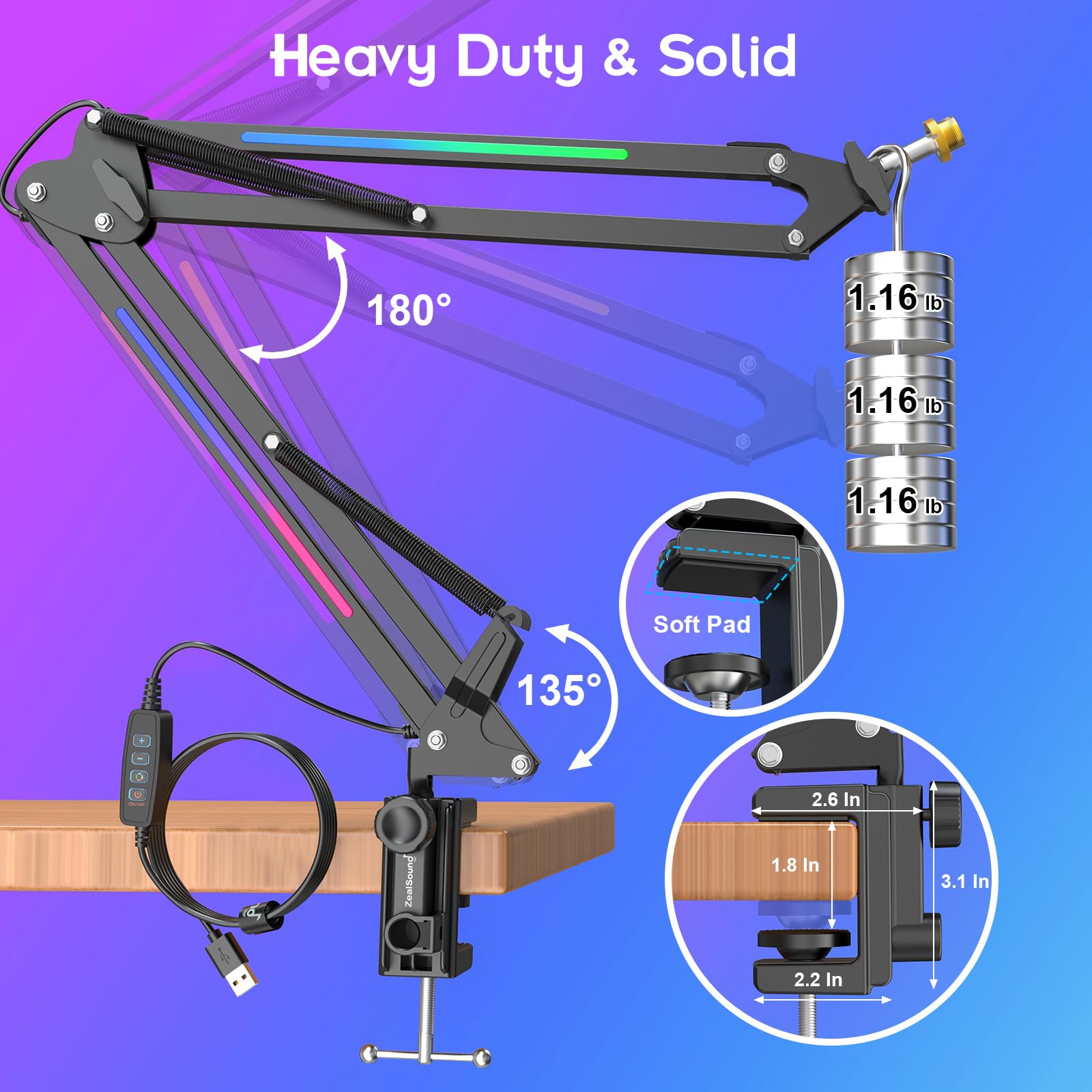 ZealSound RGB Microphone Arm Stand,Mic Arm with RGB Light for QuadCast/Blue Yeti/Snowball/Shure SM7B/Rode NT1/Elgato,Rotatable S