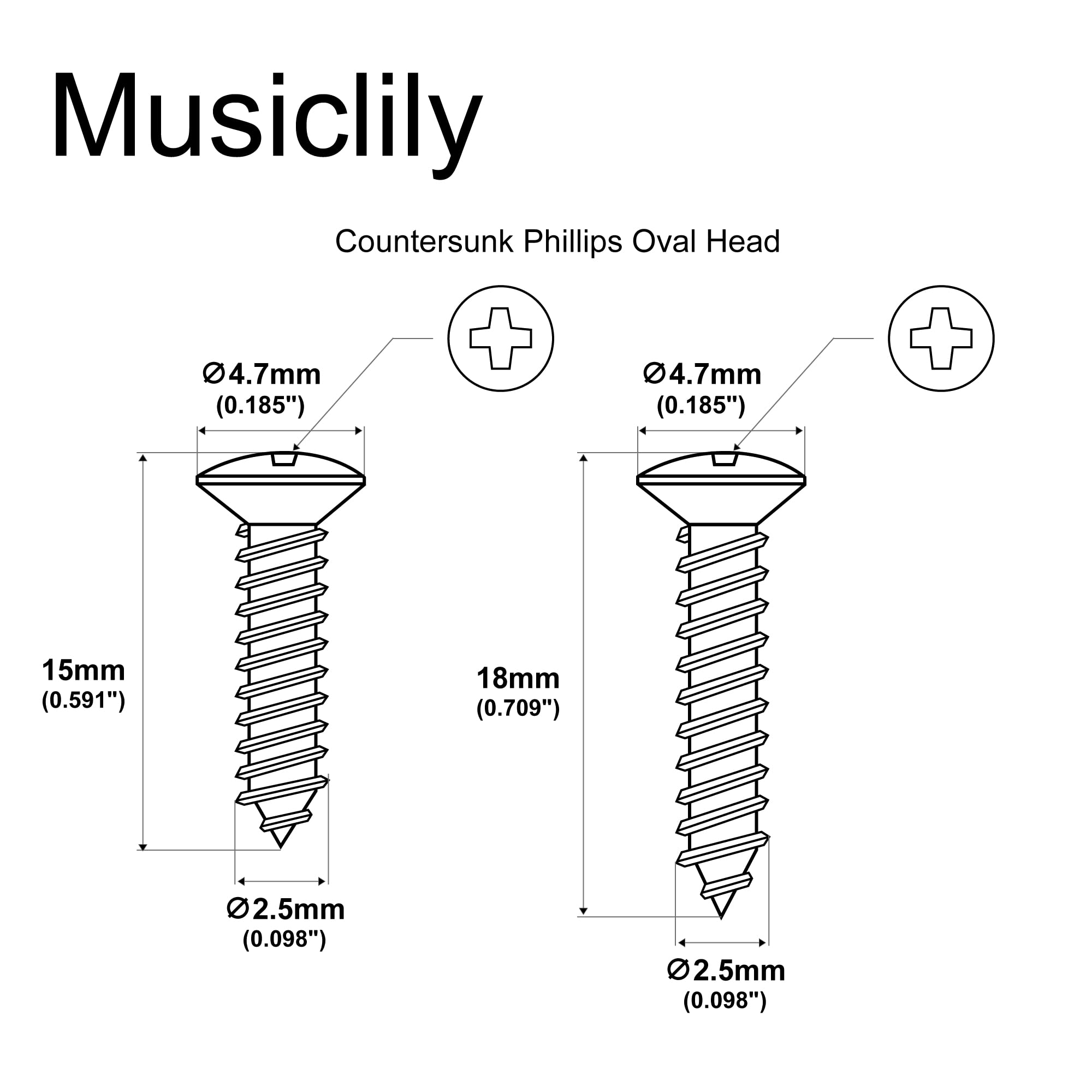 Musiclily Ultra 2.5x15mm and 2.5x18mm Stainless Steel Countersunk Mounting Screws Set for Electric Guitar Bass Humbucker Pickup