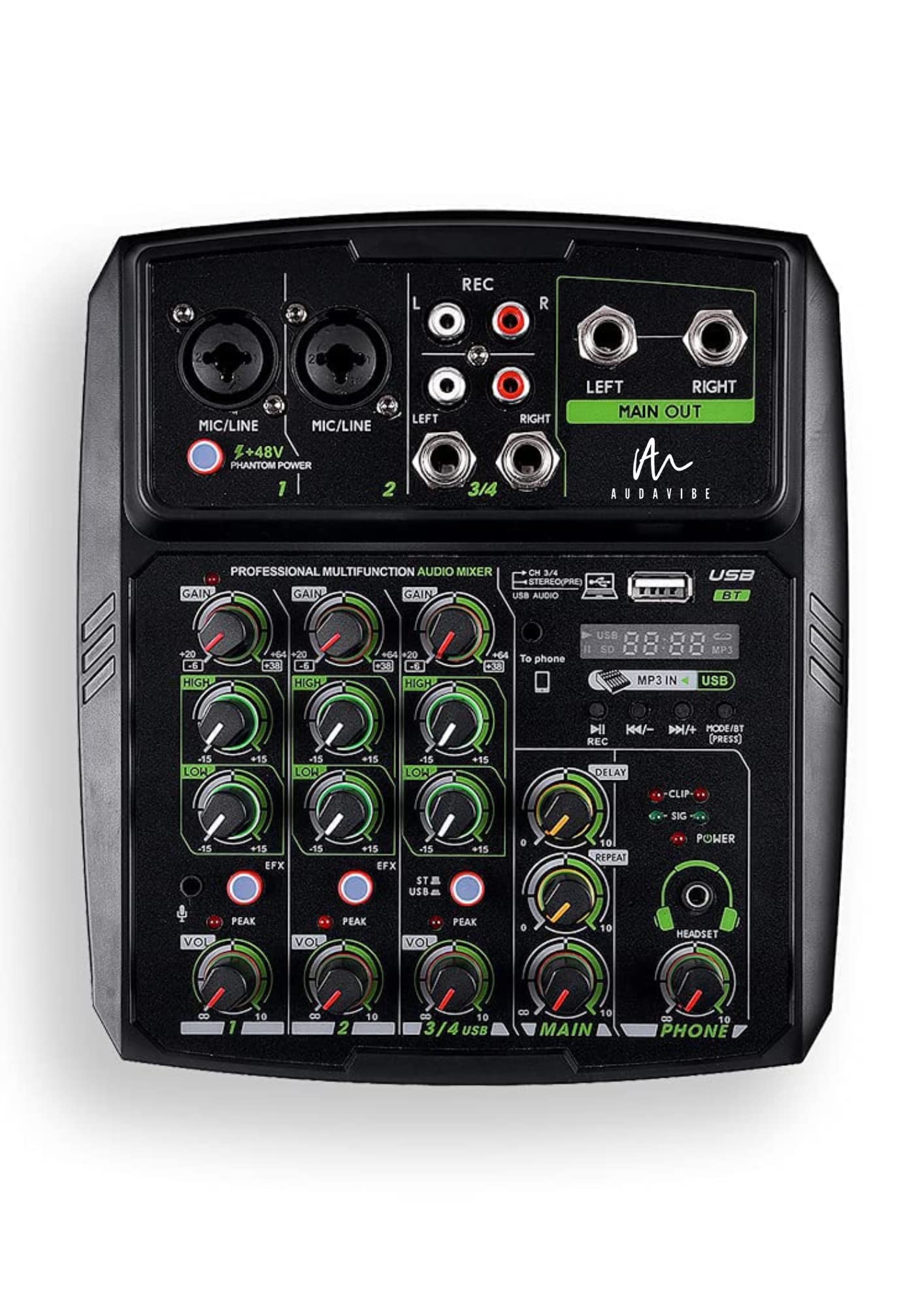 Audavibe Professional Audio Mixer, Free Podcast Learning Course - 4 Channels, Usb Input, Bluetooth, 3.5Mm Headphone Input, Phone