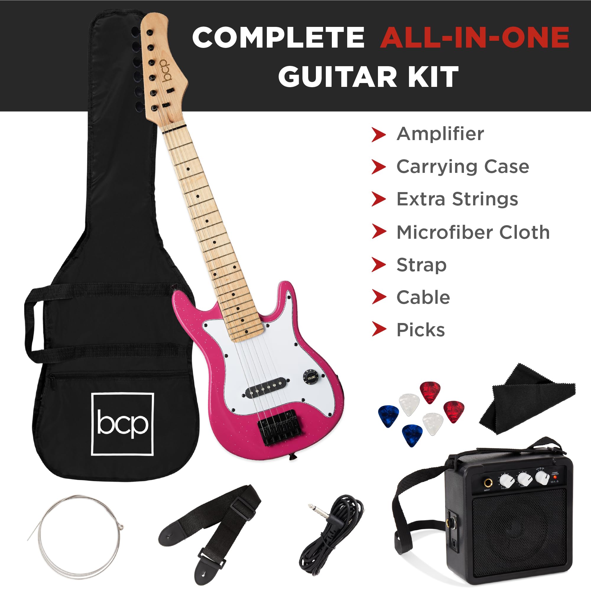 Best Choice Products 30in Kids Electric Guitar Beginner Starter Kit w/ 5W Amplifier, Strap, Gig Bag, Strings, Picks - Pink Spark