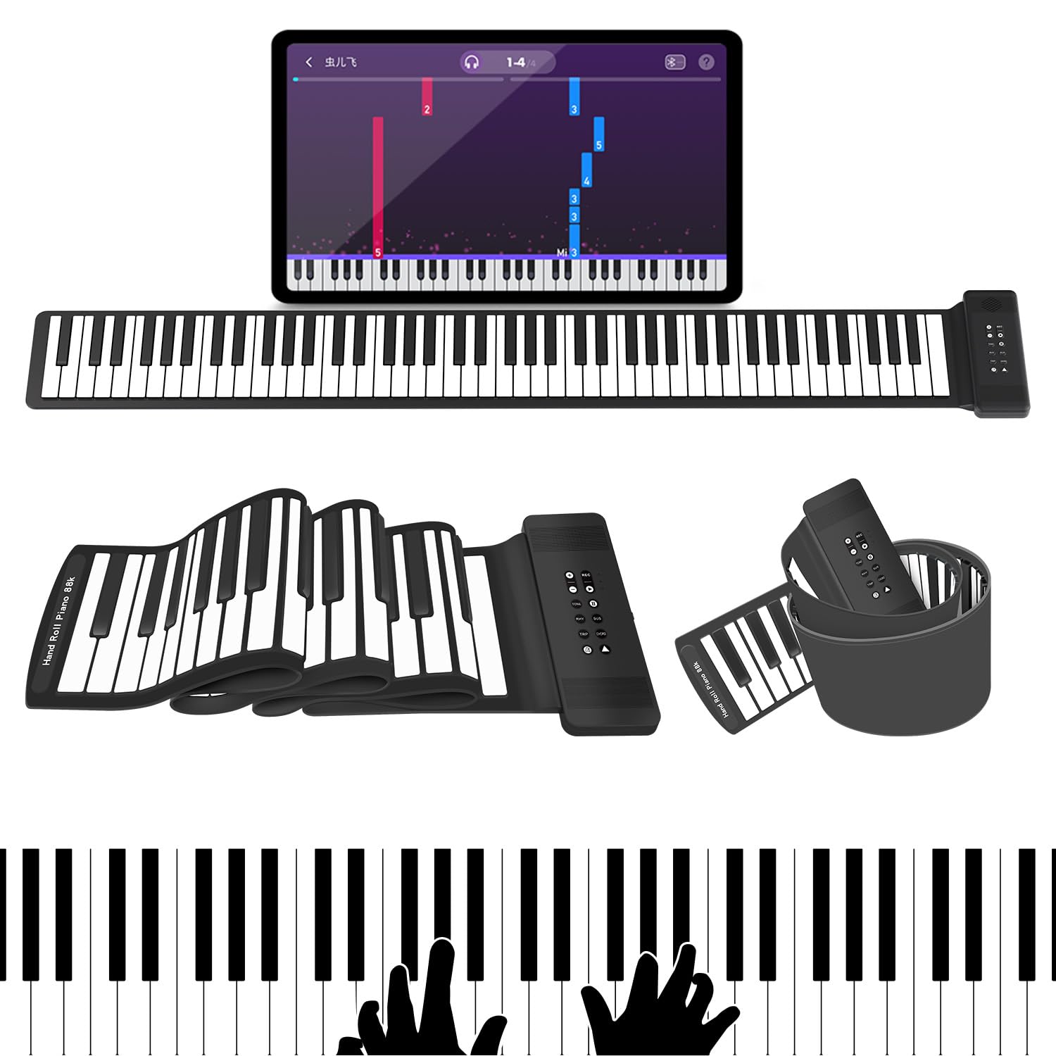 88Keys Roll Up Piano, MARVTOWN Portable Fordable Rechargeable Hand Roll Keyboard Piano, 108 Rhythms, 128 Tones,Waterproof electr