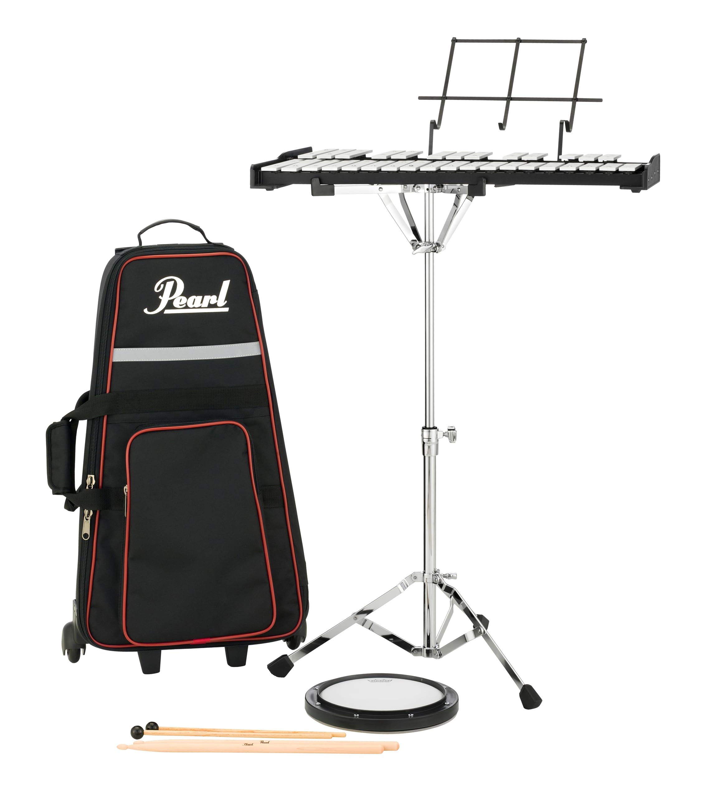 Pearl 32 Note Glockenspiel Bell Kit Student Educational Percussion Kit with Tunable Practice Pad, Rolling Carrying Case, Sticks 