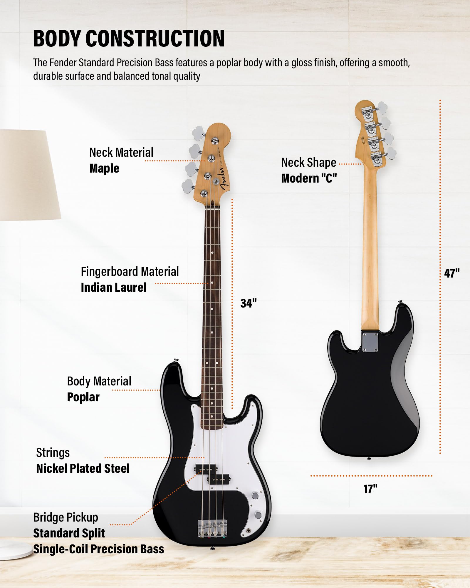 Fender Standard Precision Bass - Black Bundle with Strap, Guitar Cleaning Kit, and Austin Bazaar Instructional Video