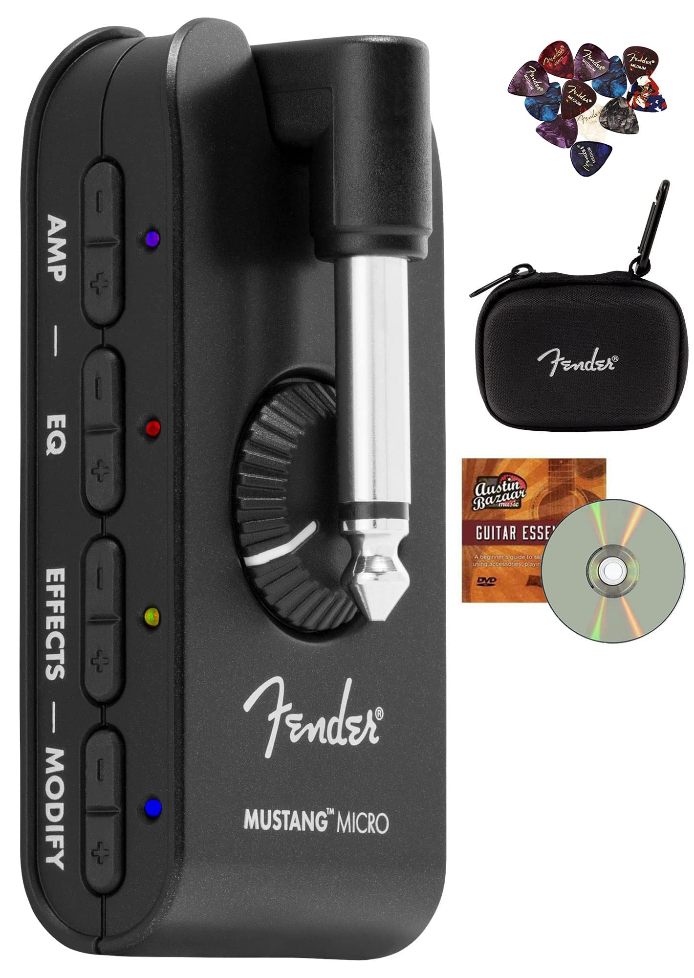 Fender Mustang Micro Amp Bundle With Case, Austin Bazaar Exclusive 12-Pack Picks, And Instructional Dvd