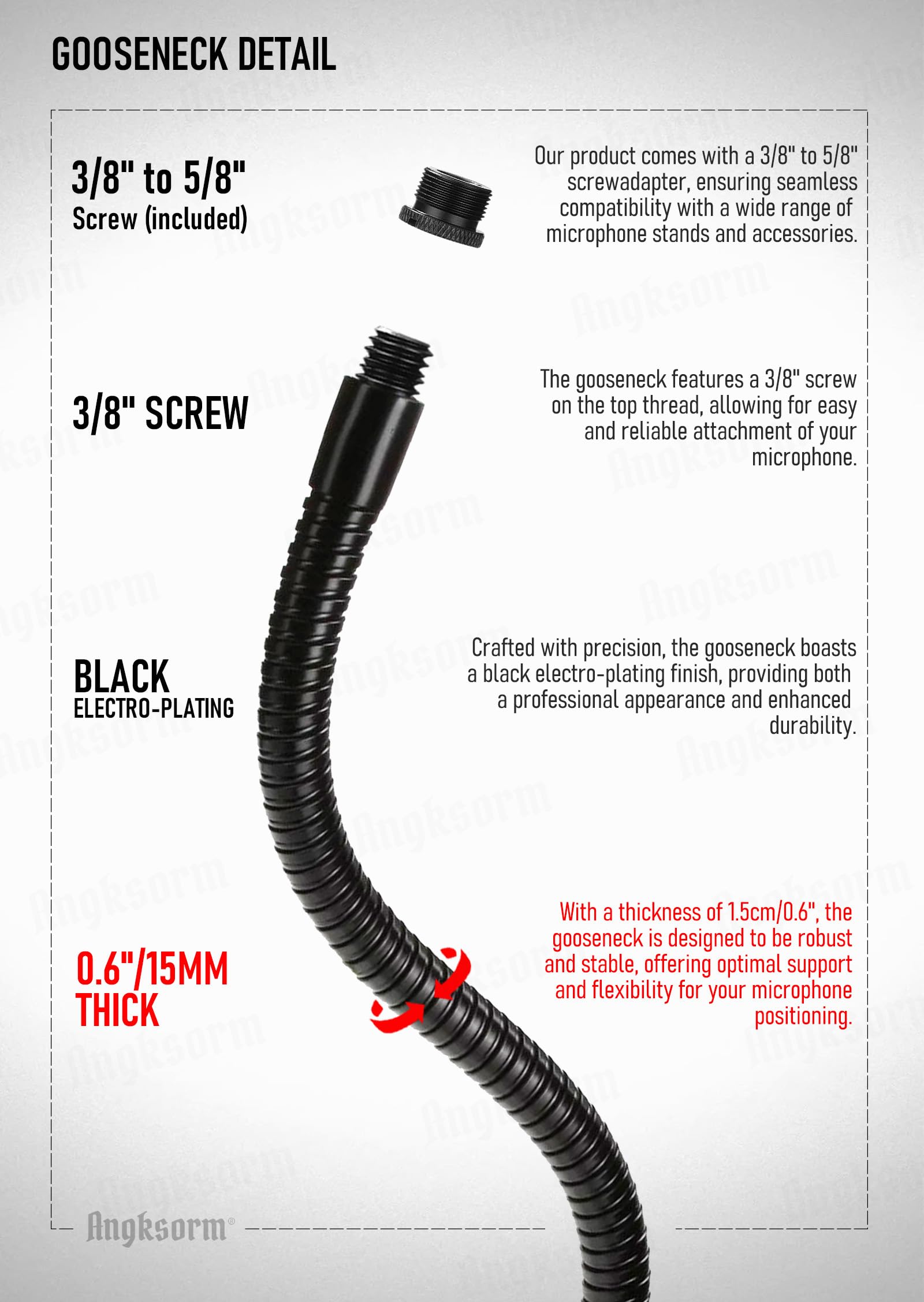 Angksorm Microphone Arm Stand 19'' Flexible Gooseneck Mic Stand Holder with Mounting Base for Table Walls Podium Podcasting Stre