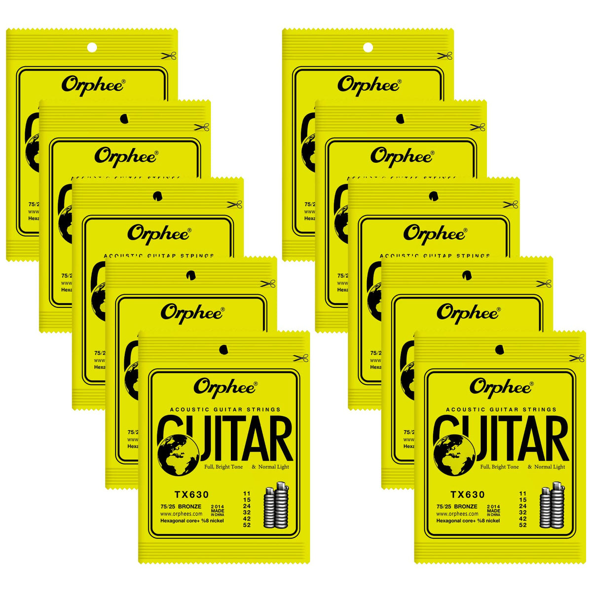 Pogolab Guitar Strings, Acoustic Guitar Strings, 6 Strings Set, Hexagonal Carbon Core 75/25 Bronze, Light, 11-52, 10 Packs