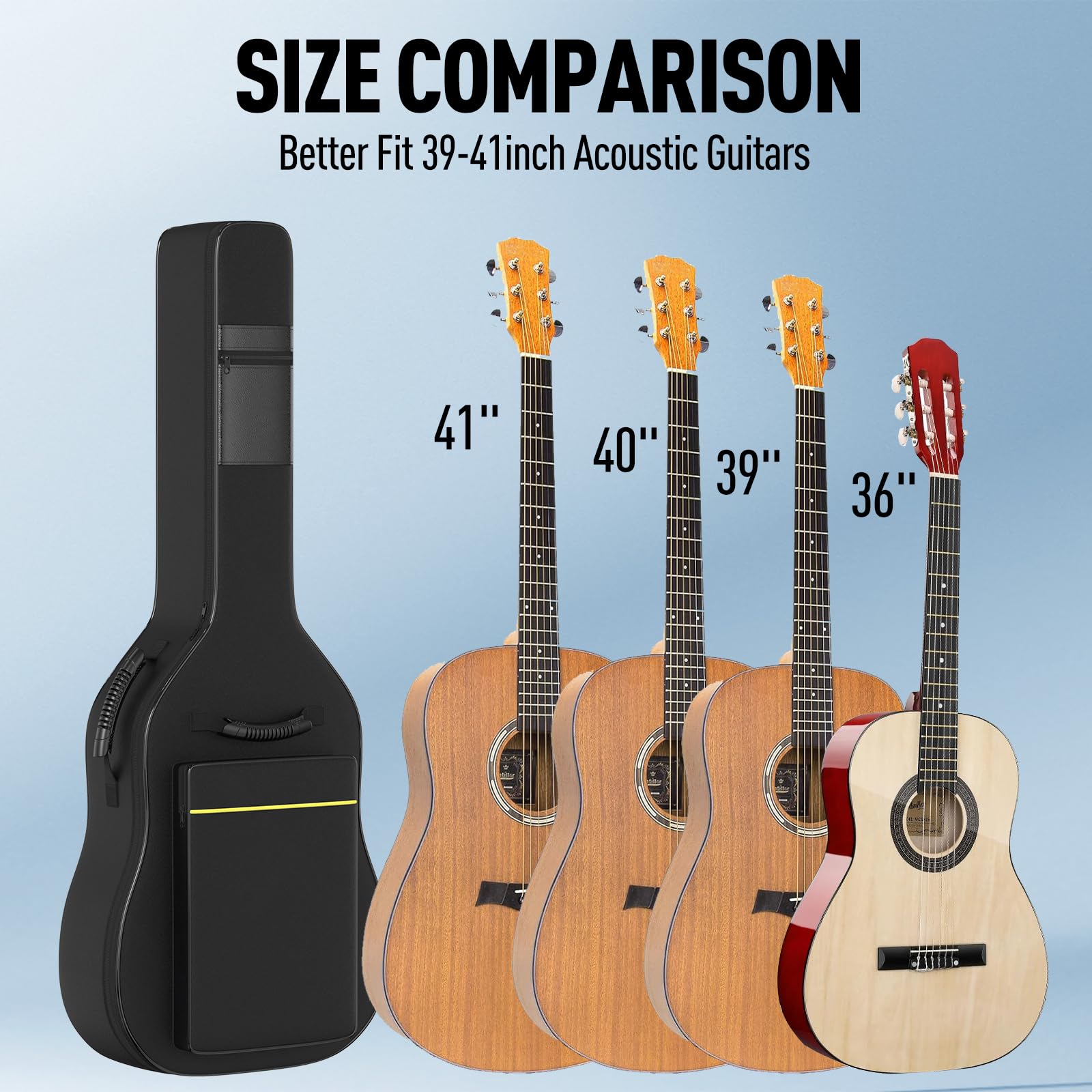 GLEAM Acoustic Guitar Gig Bag - 0.35 Inch Sponge Padding Fit 39-41 Inch Guitar Waterproof Black