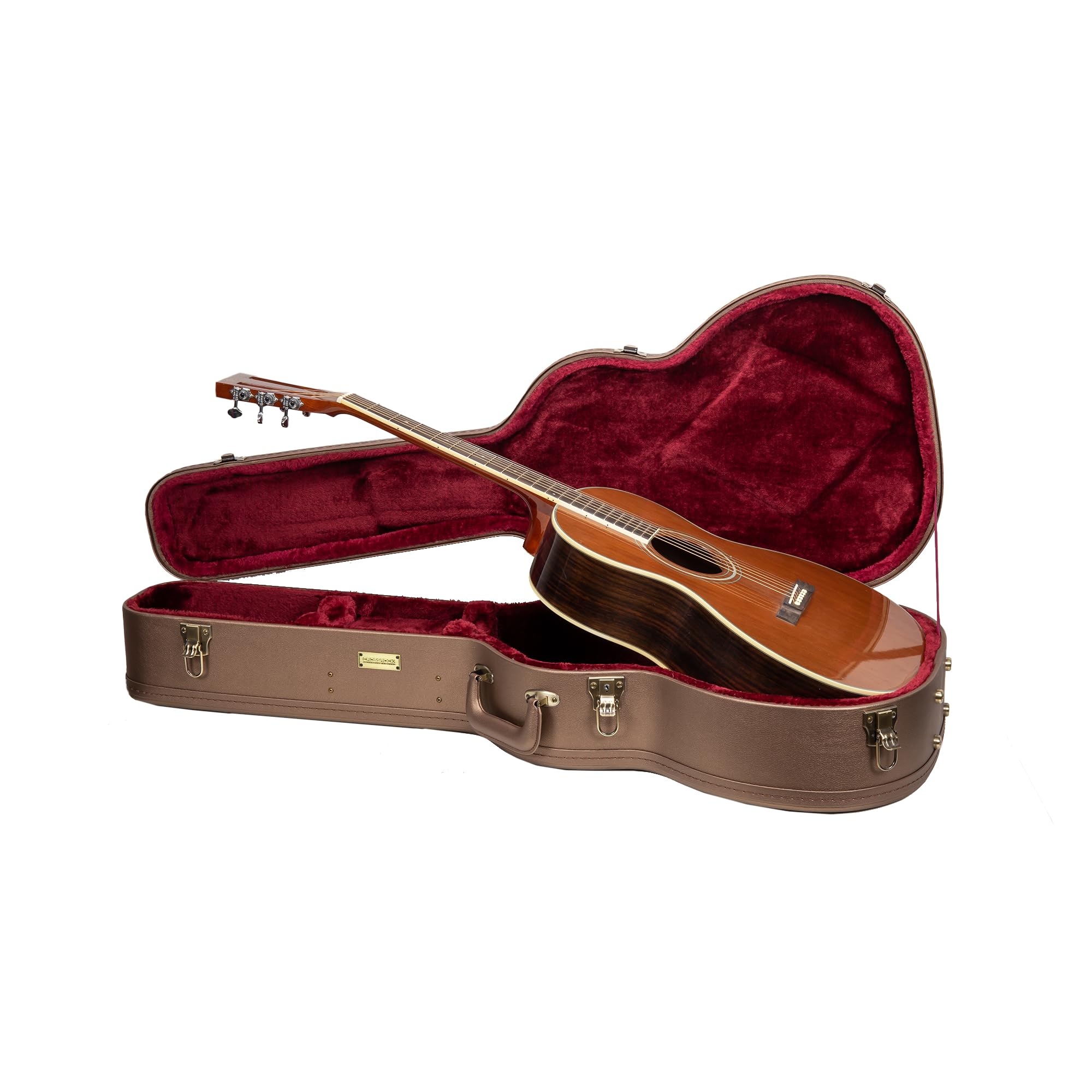 Crossrock Wooden Acoustic Guitar Case for Martin 000-12 Fret | Chocolate Brown Finish, Burgundy Velvet Interior, Lock - Designer