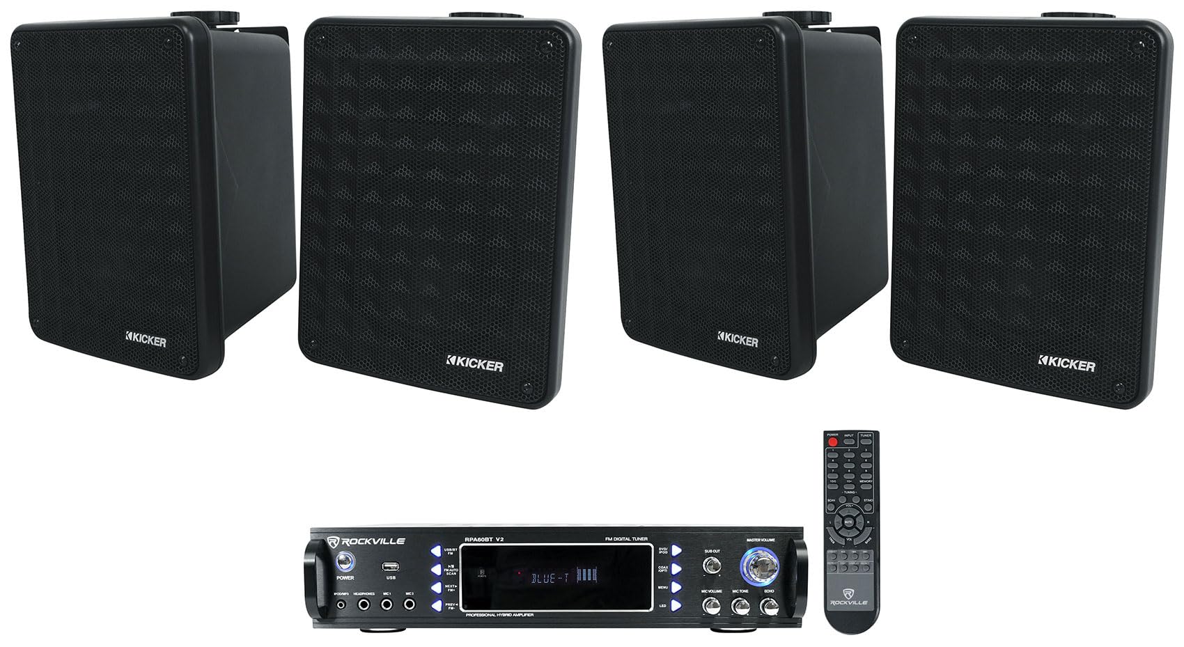 Rockville RPA60BT V2 1000 Watt 2-Ch USB Bluetooth DJ/Pro/Karaoke Amplifier Mixer Bundle with (4) Kicker 46KB6B KB6 6.5 150w Indo