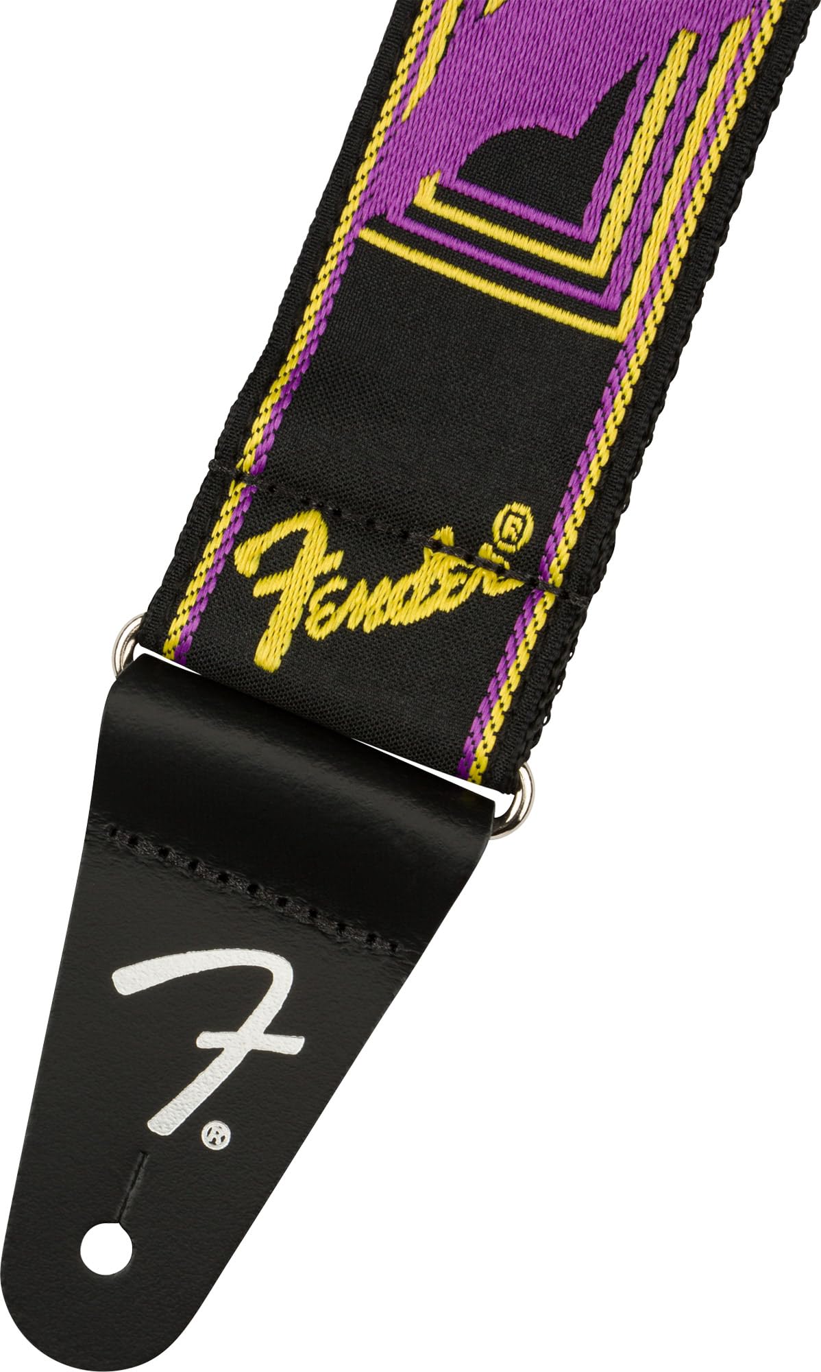 Fender Neon Monogrammed 2-Inch Guitar Strap - Purple and Yellow Bundle with Strap Blocks and Picks