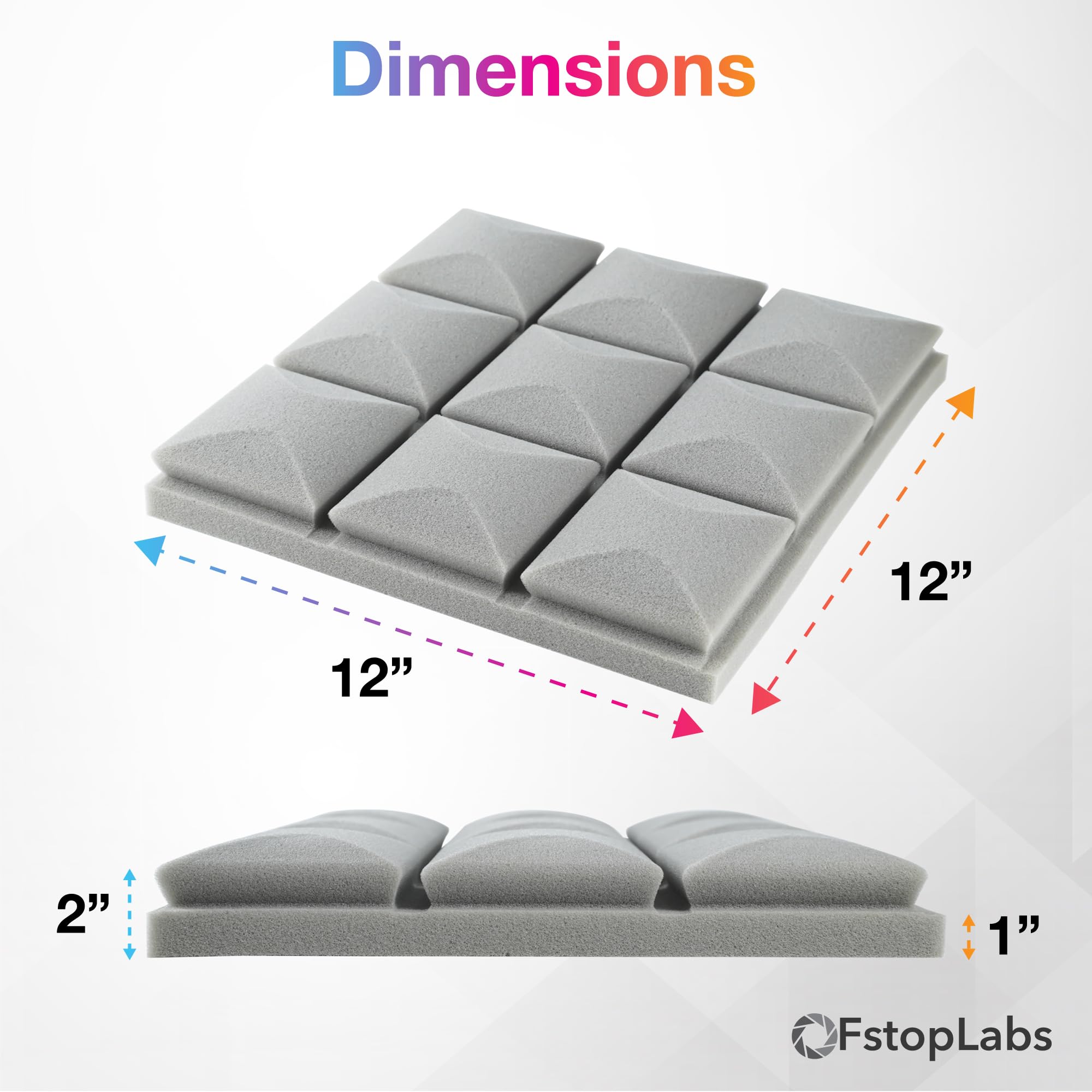 Fstop Labs Acoustic Foam Panels, 12 Pack Grey 2'' X 12'' X 12'' Self-adhesive Mushroom Studio Wedge Tiles, Sound Panels Sound Pr