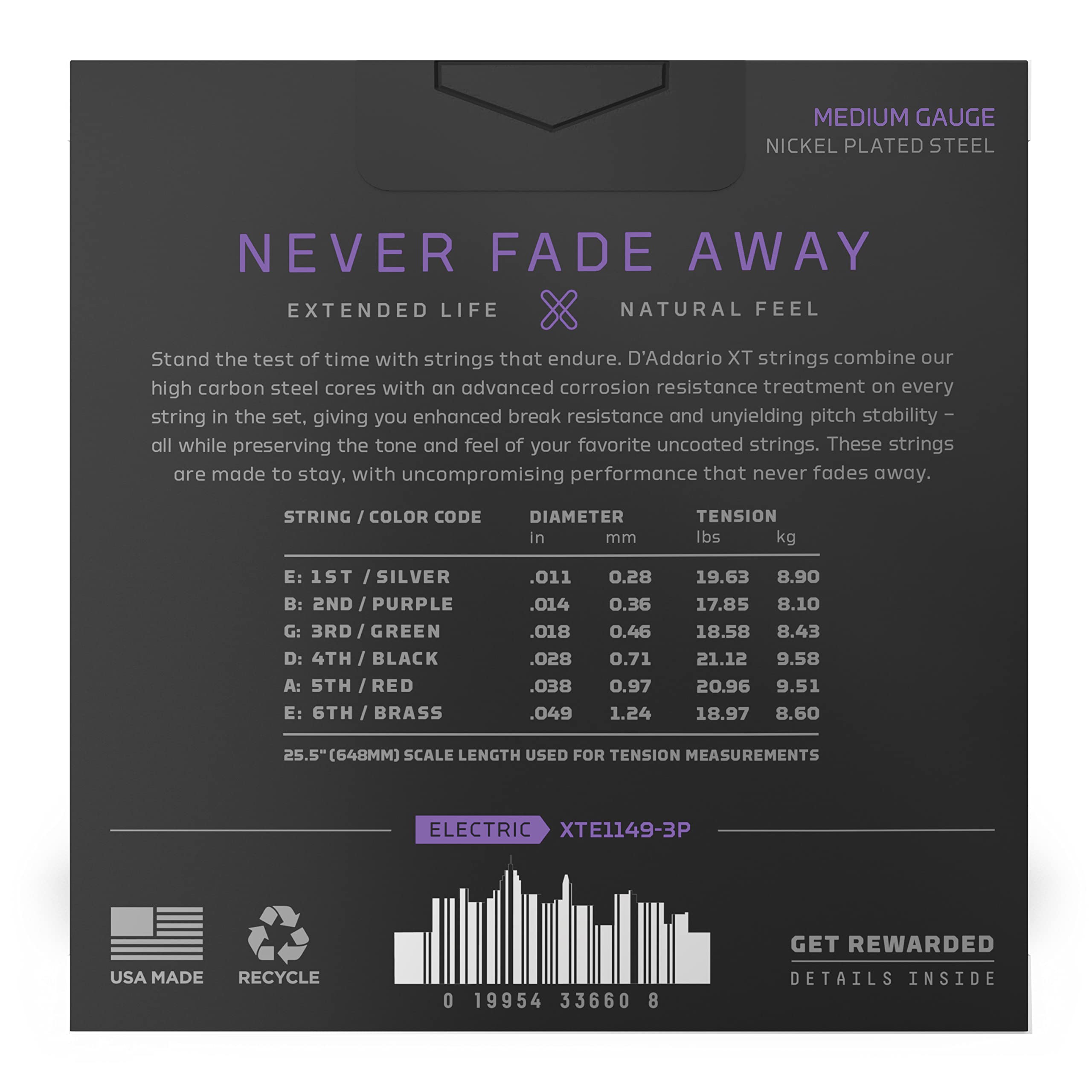 D'Addario Electric Guitar Strings, XT Nickel Coated, XTE1149-3P, Medium Gauge 11-49, 6-String Set, Pack of 3