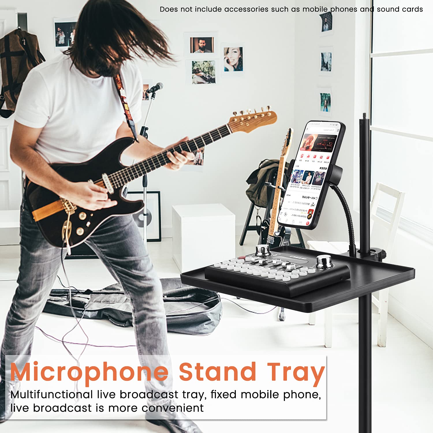 Phone holder Microphone Stand Tray, Clamp-On Rack Tray,Cell Phone Stand for Music Sheet,Compatible with Most Microphones Stands