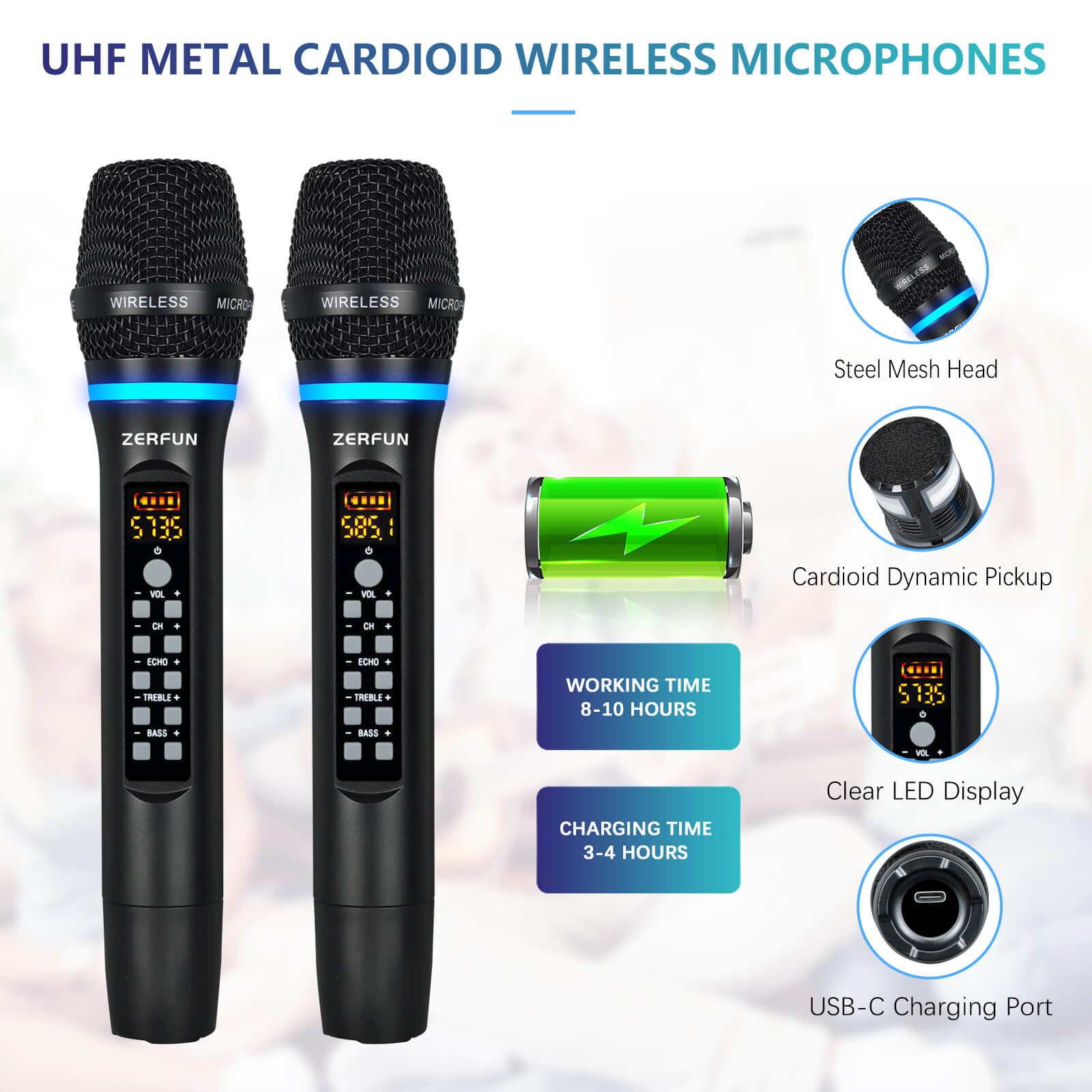 ZERFUN Dual Wireless Microphones Rechargeable, UHF Metal Wireless Mic System Cordless Microphone Professional with Echo Treble B