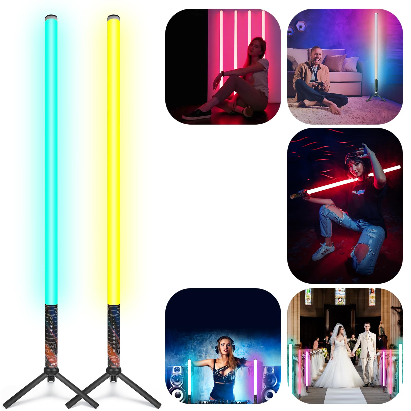 LUXCEO 2Pack RGB Tube Light Bar with Light Stand, Battery Powered LED Video Light Wand Stick for DJ Lighting, Dance Club and Pho