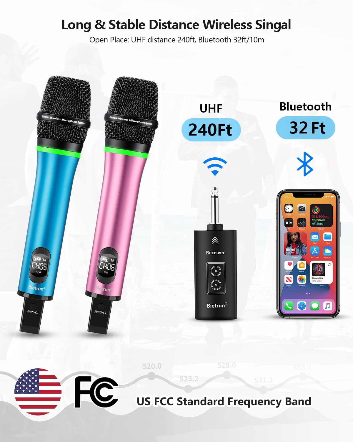 Bietrun Rechargeable Wireless Microphone, Dual Metal Cordless Handheld Dynamic Wireless Mics with Bluetooth, UHF 240FT Range, fo