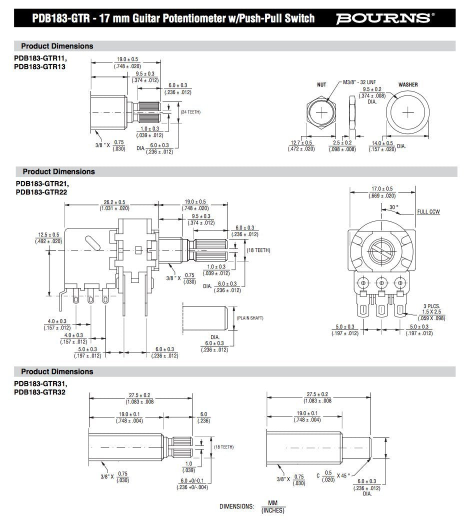 Genuine Bourns 500K (Pack of 2) Split Shaft Push-Pull Pot for Electric Guitar