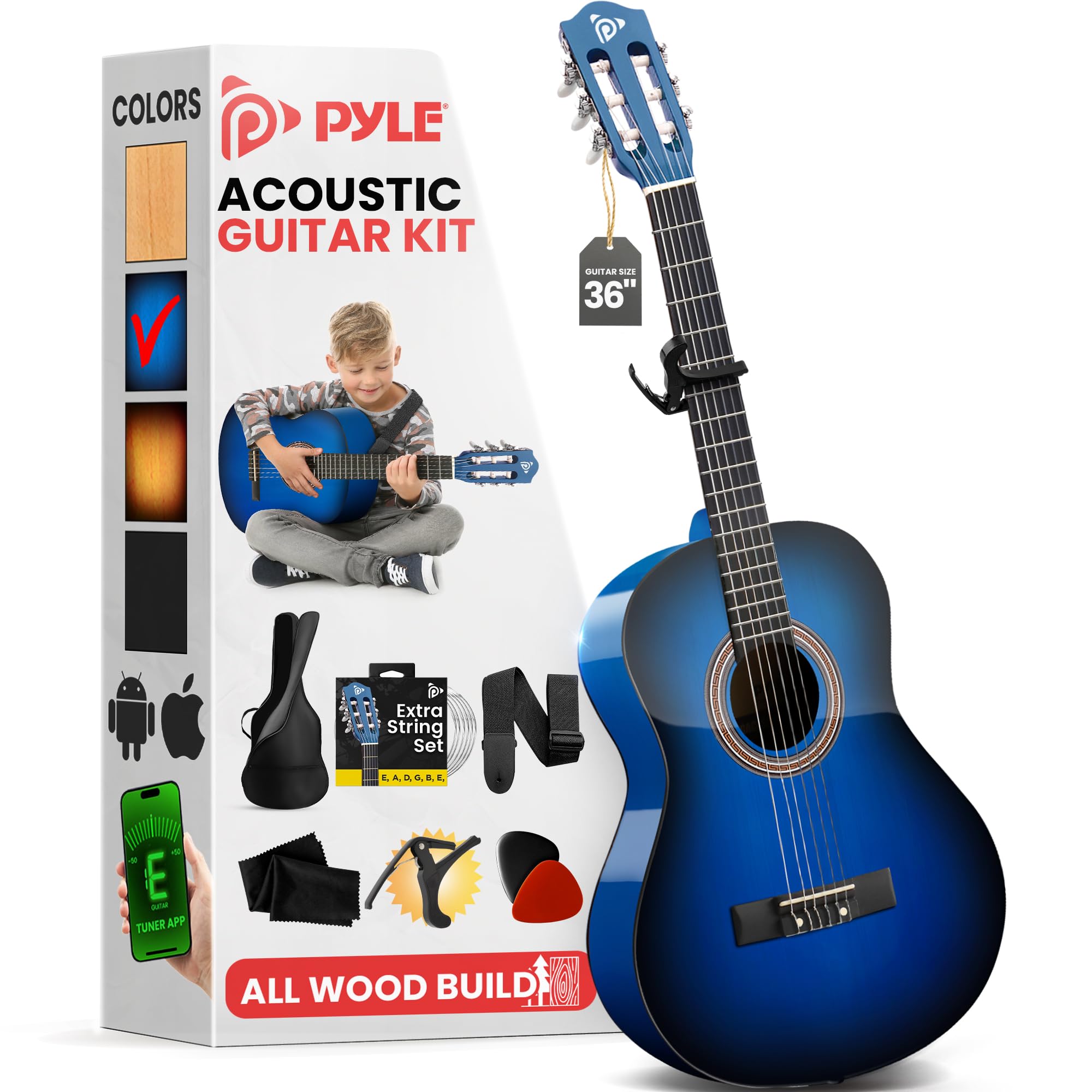 Pyle Beginner Acoustic Guitar Kit, 3/4 Junior Size All Wood Build Nylon String Instrument With Capo, Gig Bag, Strap, Extra Strin