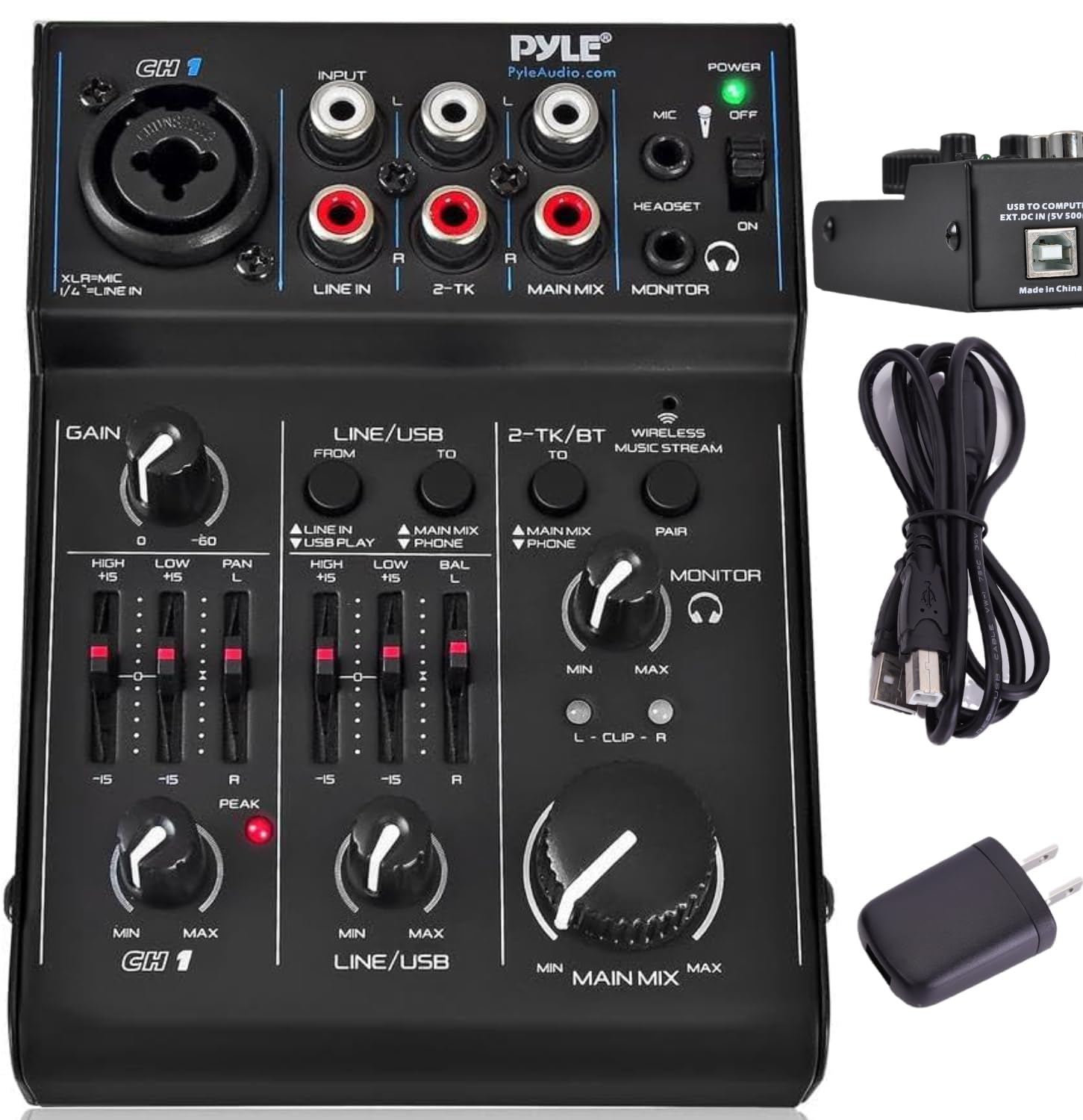 Pyle 3 Channel Bluetooth Audio Mixer - Dj Sound Controller Interface With Usb Soundcard For Pc Recording, Xlr, 3.5Mm Microphone