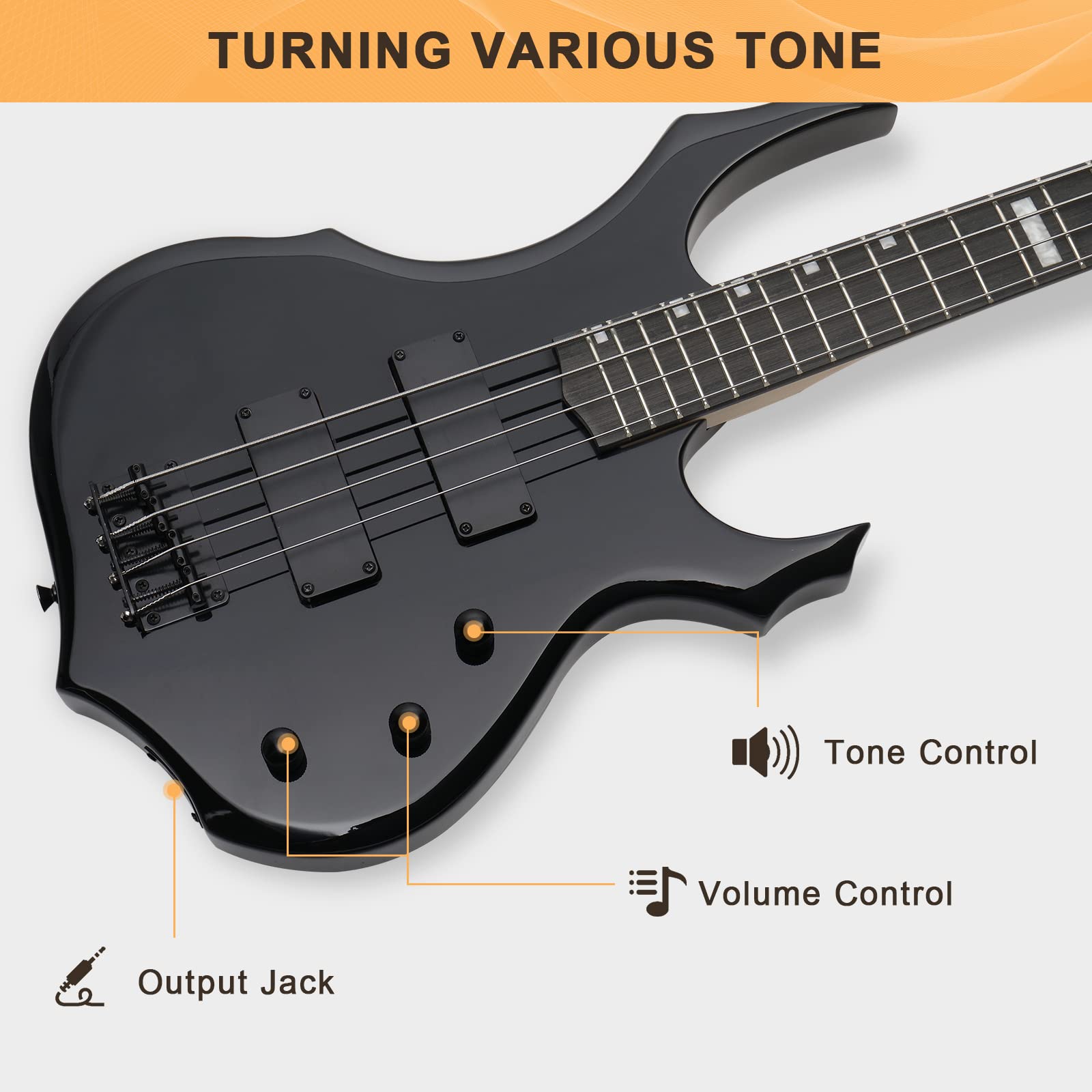 GLARRY Electric Bass Guitar 4 Strings Buring Fire Style HH Pickups for Beginner Adults Right Hand Amp Cable, Bag, Strap and Cord