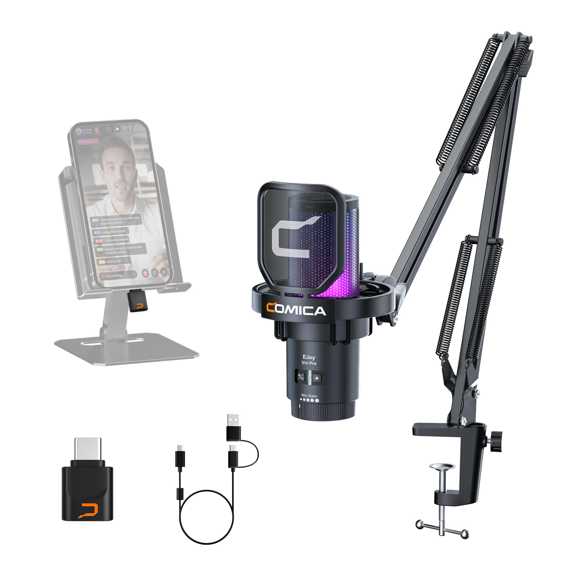 COMICA EJoy Uni Pro Wireless USB Condenser Gaming for PC, PS4, PS5, USB C Phone and Mac, Boom Arm RGB Computer Mic for Twitch, S