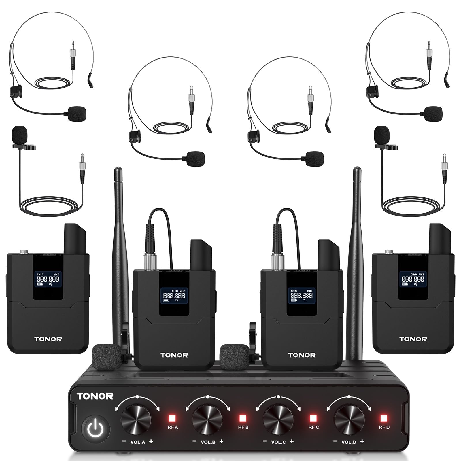 Tonor Wireless Microphones System With Uhf Headset/Lavalier Lapel Mics, Bodypack Transmitter, Receiver, 4 * 10 Channels, 200Ft R
