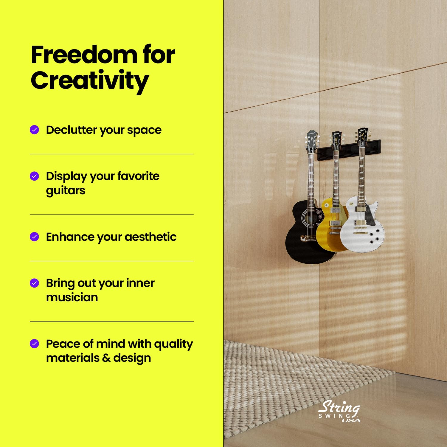 String Swing Guitar Wall Rack, Multiple Guitar Wall Mount, Guitar Organizer for Acoustic & Electric Guitars, 3 Padded Arm Hanger