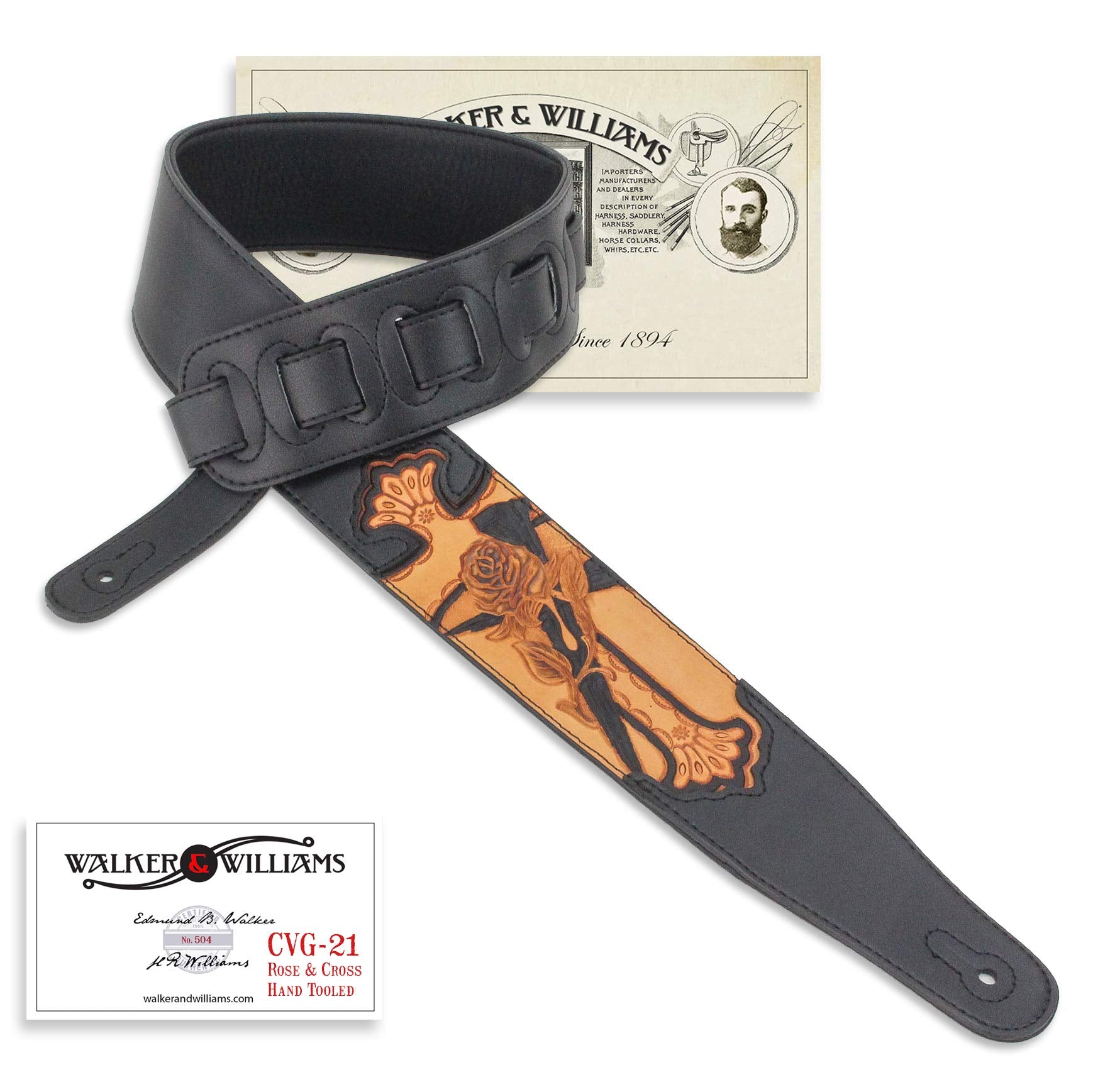 Walker & Williams Cvg-21 Black Padded Leather Guitar Strap Hand Tooled Christian Rose & Cross For Acoustic, Electric, And Bass G