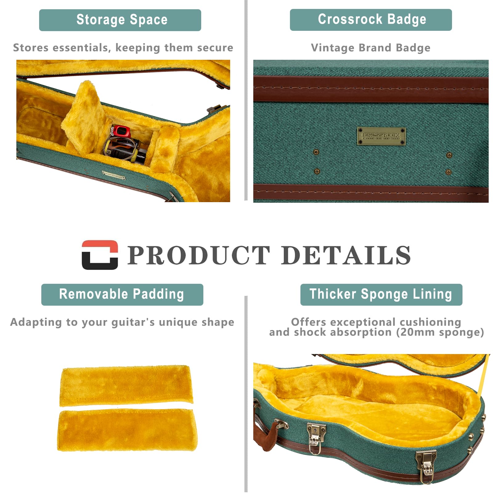 Crossrock Master Series 000 12-Fret Acoustic Guitar Case | Malachite Blue Tweed Exterior, Re-Engineered Wooden Shell, Leather Ha