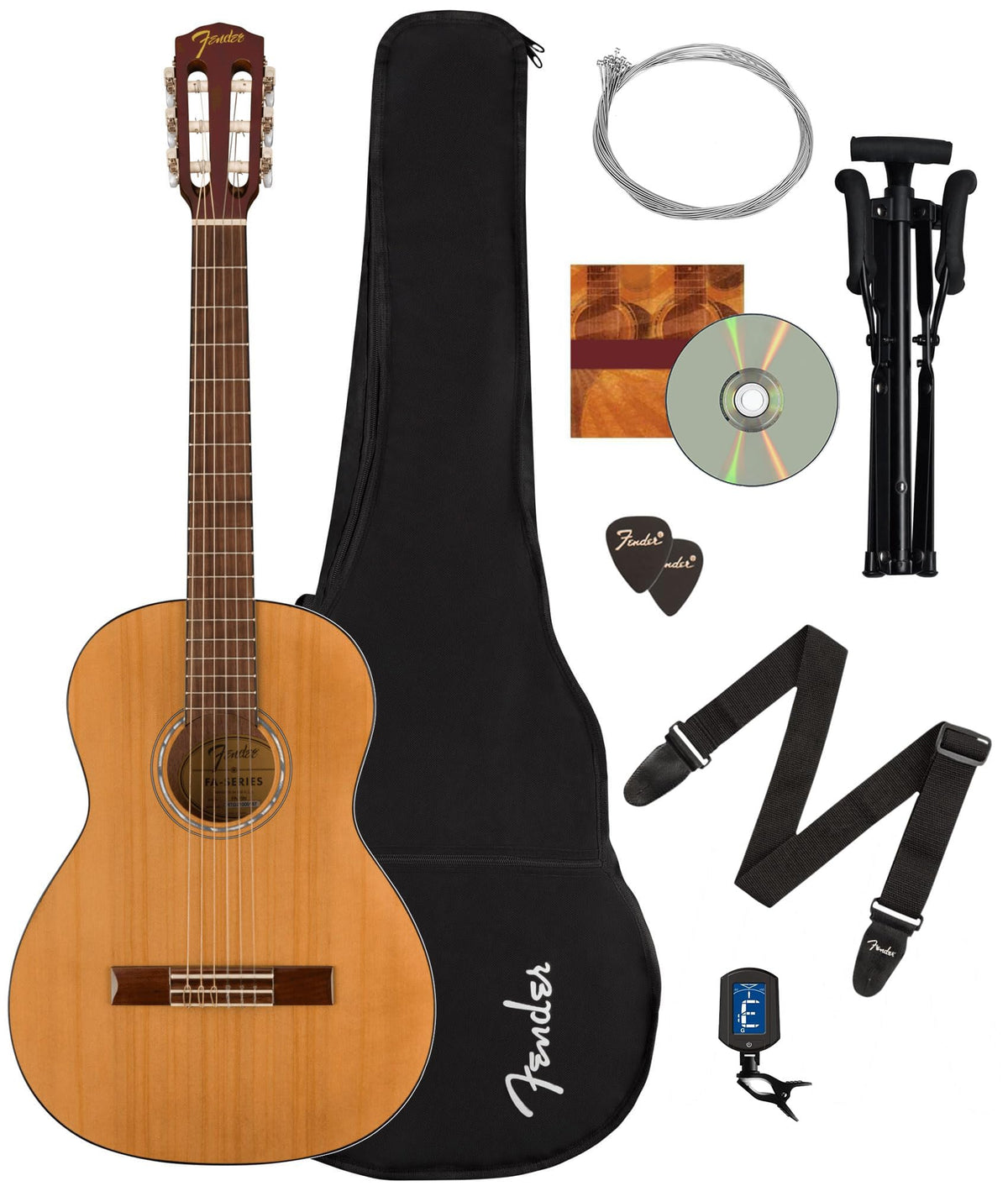 Fender Fa-15N 3/4-Size Nylon String Acoustic Guitar Starter Kit For Beginners With Gig Bag, Stand, Nylon Strings, Tuner, Strap,