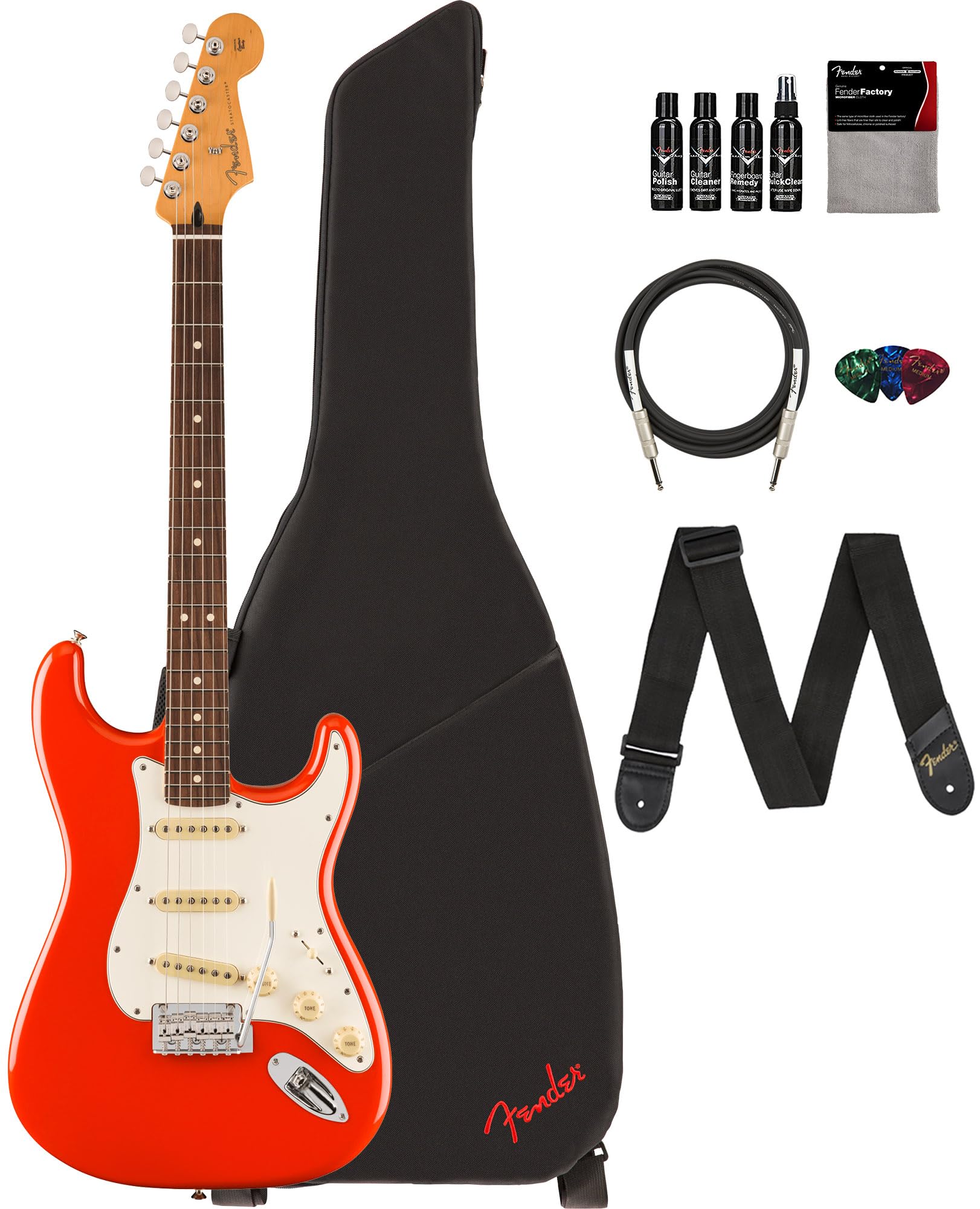 Fender Player Ii Stratocaster - Coral Red Bundle With Gig Bag, Strap, Cable, 3-Pack Picks And Guitar Cleaning Kit