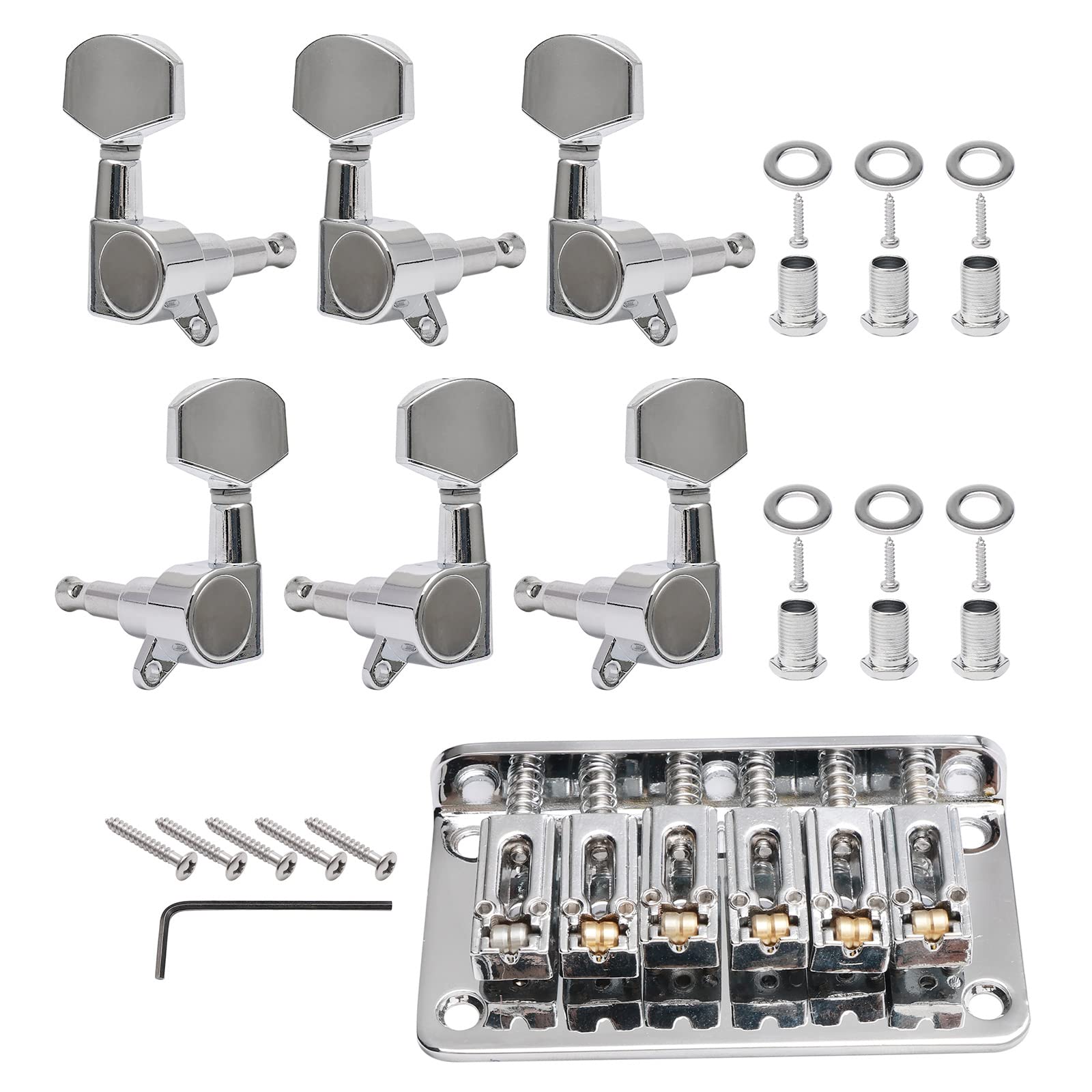 Unxuey Electric Guitar Bridge With 3R+3L String Tuning Key Pegs For 6-String Strat/Tele Style Electric Guitar, Silver, Length 78