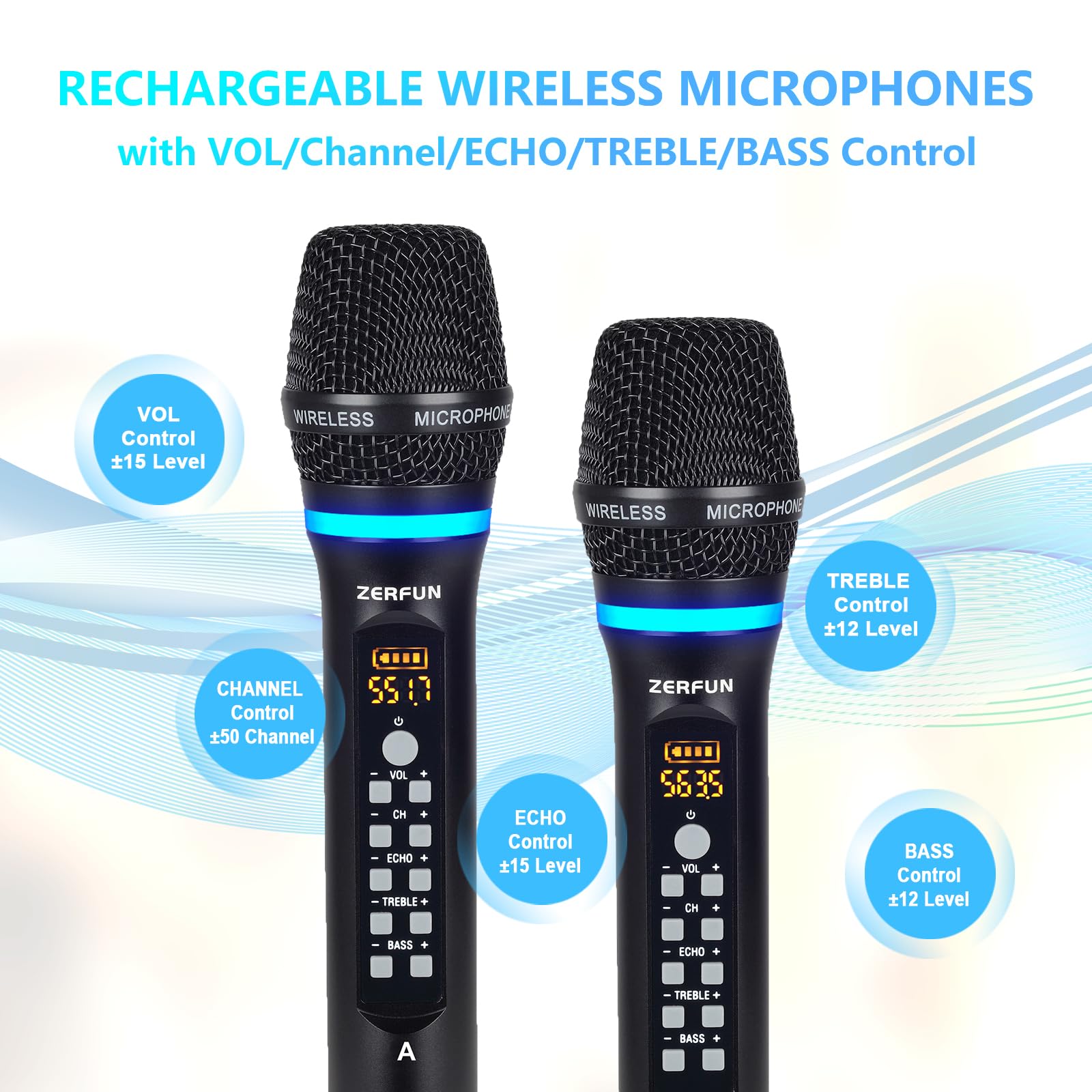 ZERFUN 4 Channel Rechargeable Wireless Microphone System, Pro UHF Metal Handheld Wireless Microphones Cordless Mics with Echo Tr