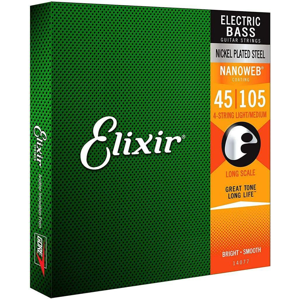 Elixir Strings Nickel Plated Steel 4-String Bass Strings W Nanoweb Coating, Long Scale, Light/Medium (.045-.105)
