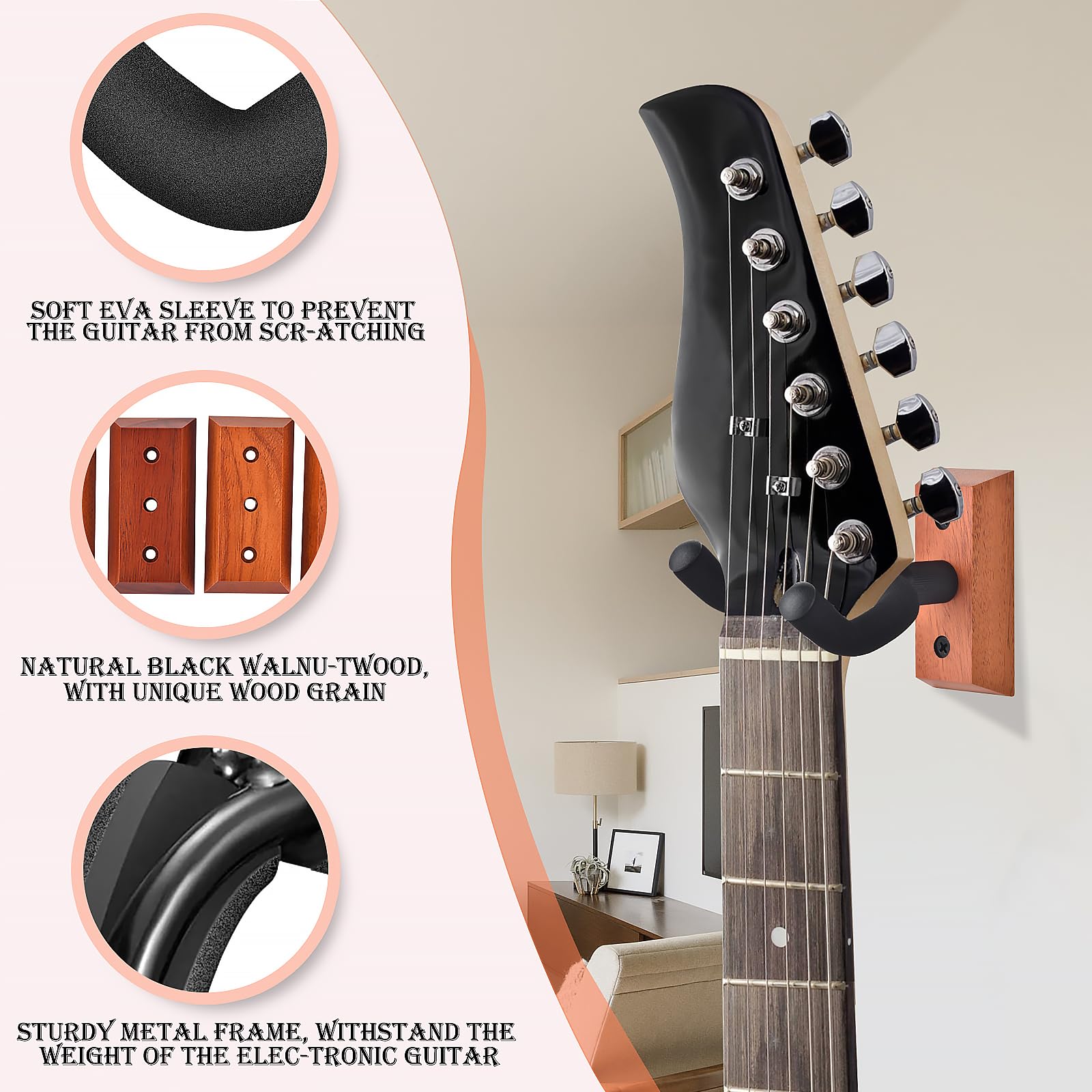 DOMMI Guitar Wall Mount 4 Pack, Guitar Hanger with Rotatable Soft Hook for All Size Guitars, Hardwood U-Shaped Guitar Holder Wal