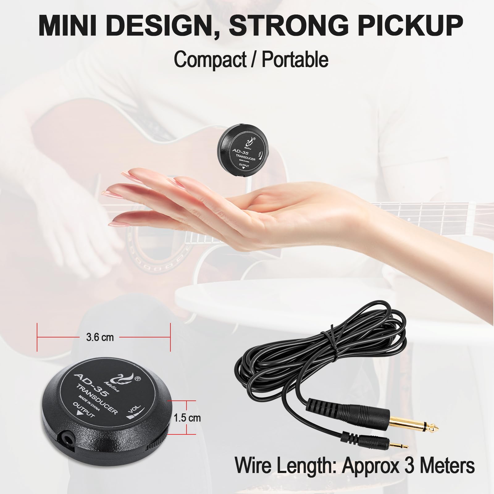 MUZTOP Guitar Pickup with Volume Control, Piezo Pickup Contact Microphone Transducer Pickup for Acoustic Guitar, Violin, Mandoli