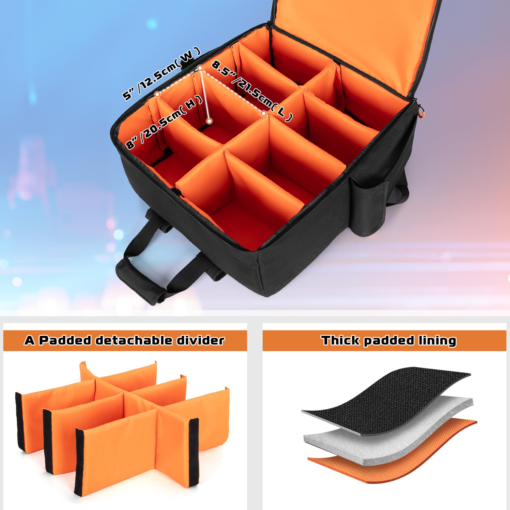 LUXJA Padded Par Bag (Backpack) Fits 8 Lights, Light Case with Inner Divider and Accessory Pockets, Black